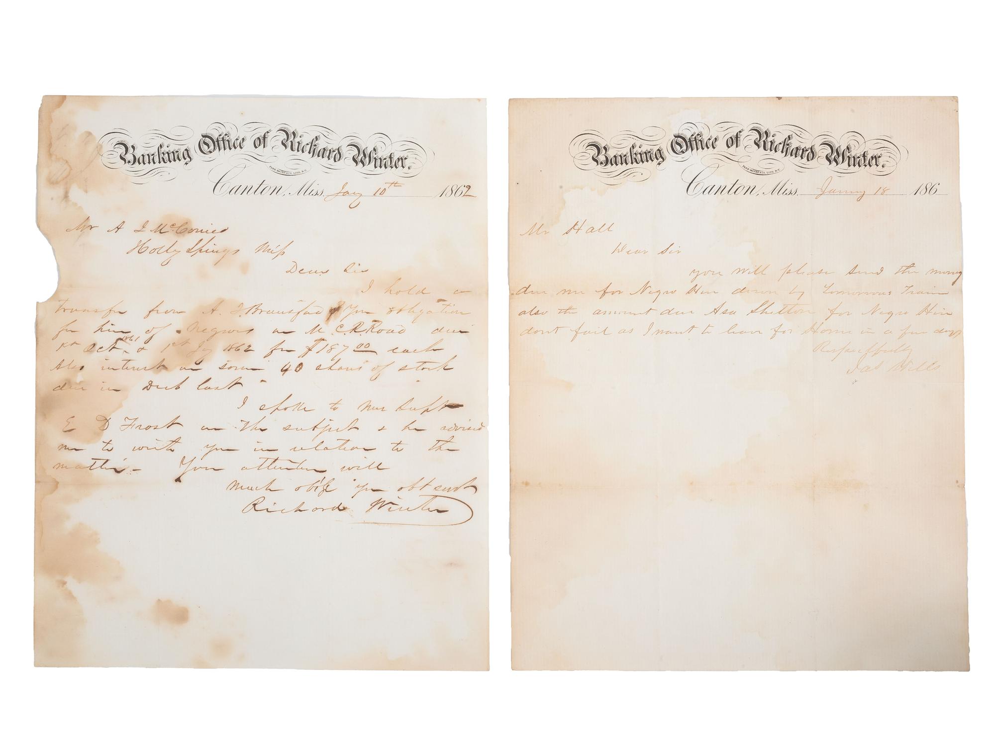 [CIVIL WAR]. A group of 2 letters discussing hiring African Americans on the Mississippi Central Railroad. Canton, MS, 1860s.