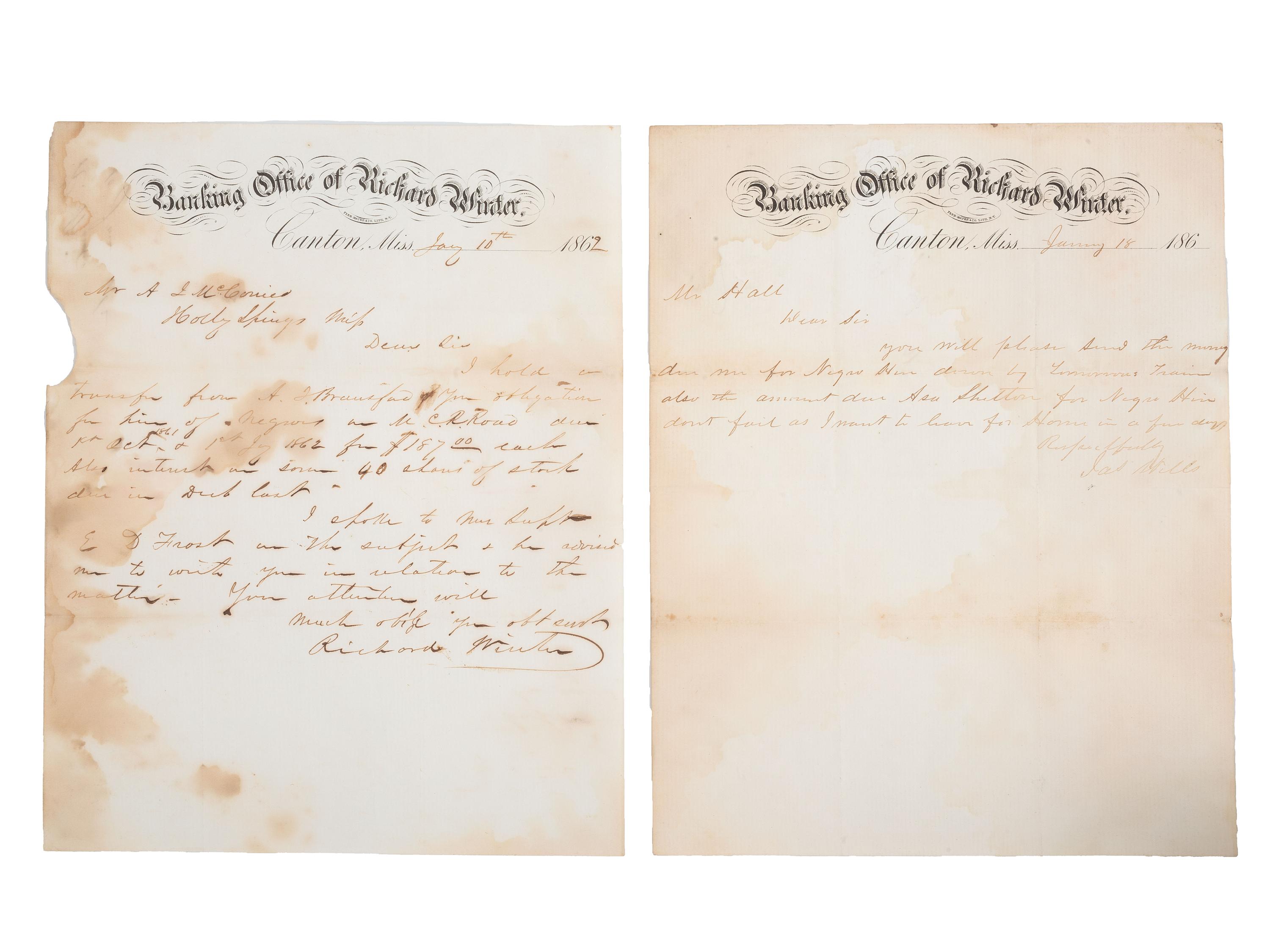 [CIVIL WAR]. A group of 2 letters discussing hiring African Americans on the Mississippi Central Railroad. Canton, MS, 1860s.