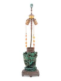 A Chinese Carved Malachite Vase and Cover Mounted as a Lamp