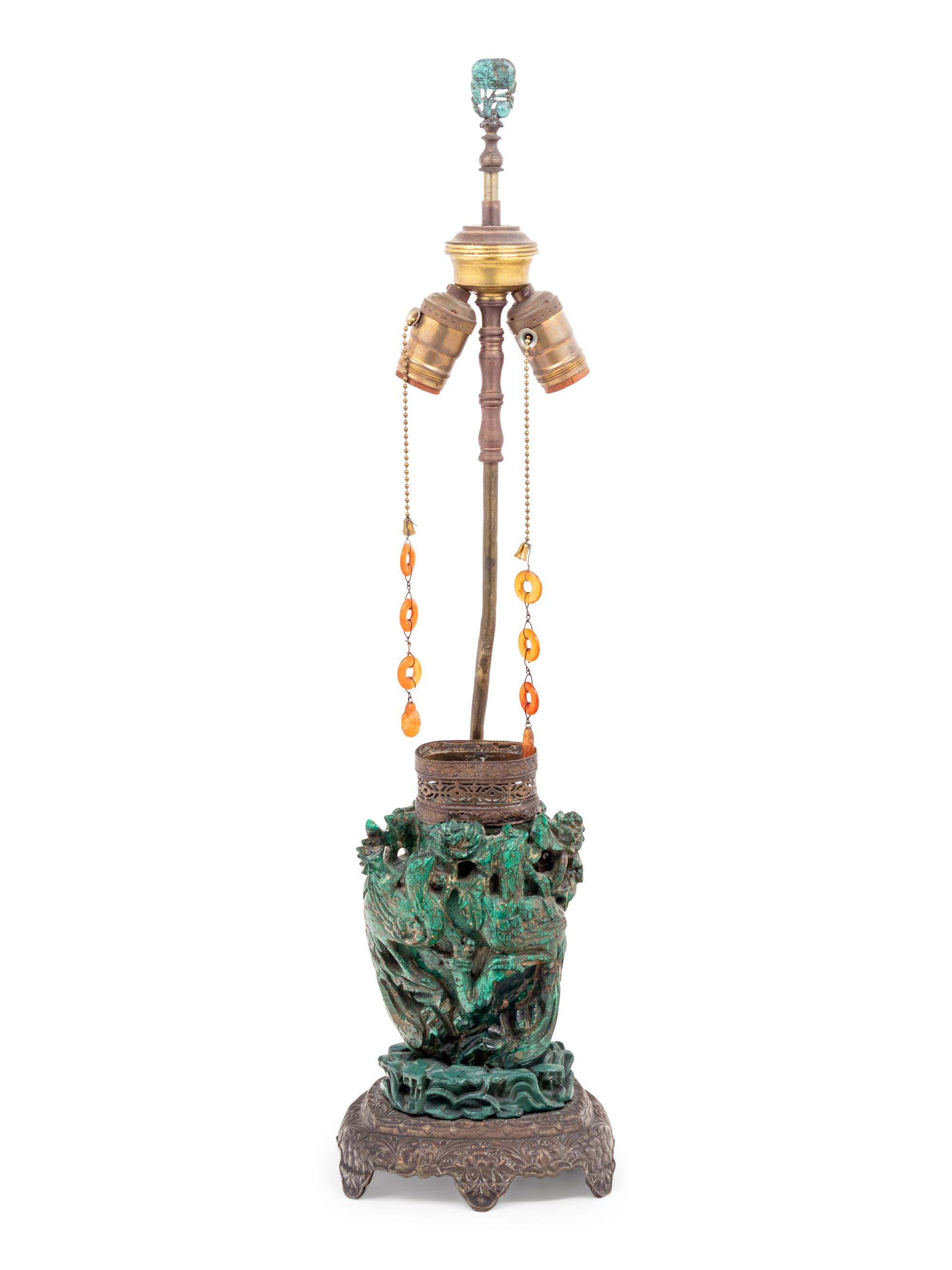 A Chinese Carved Malachite Vase and Cover Mounted as a Lamp