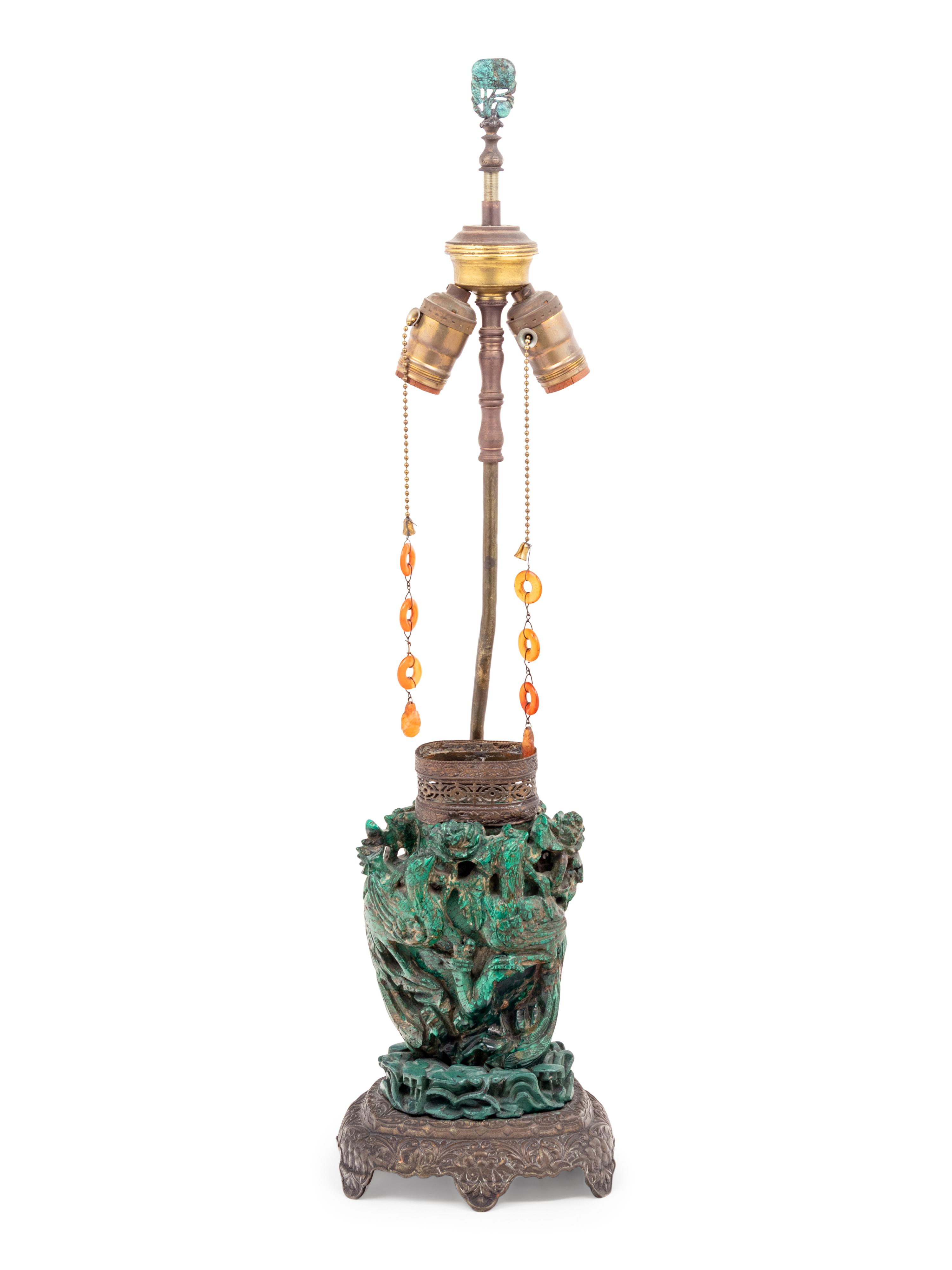 A Chinese Carved Malachite Vase and Cover Mounted as a Lamp