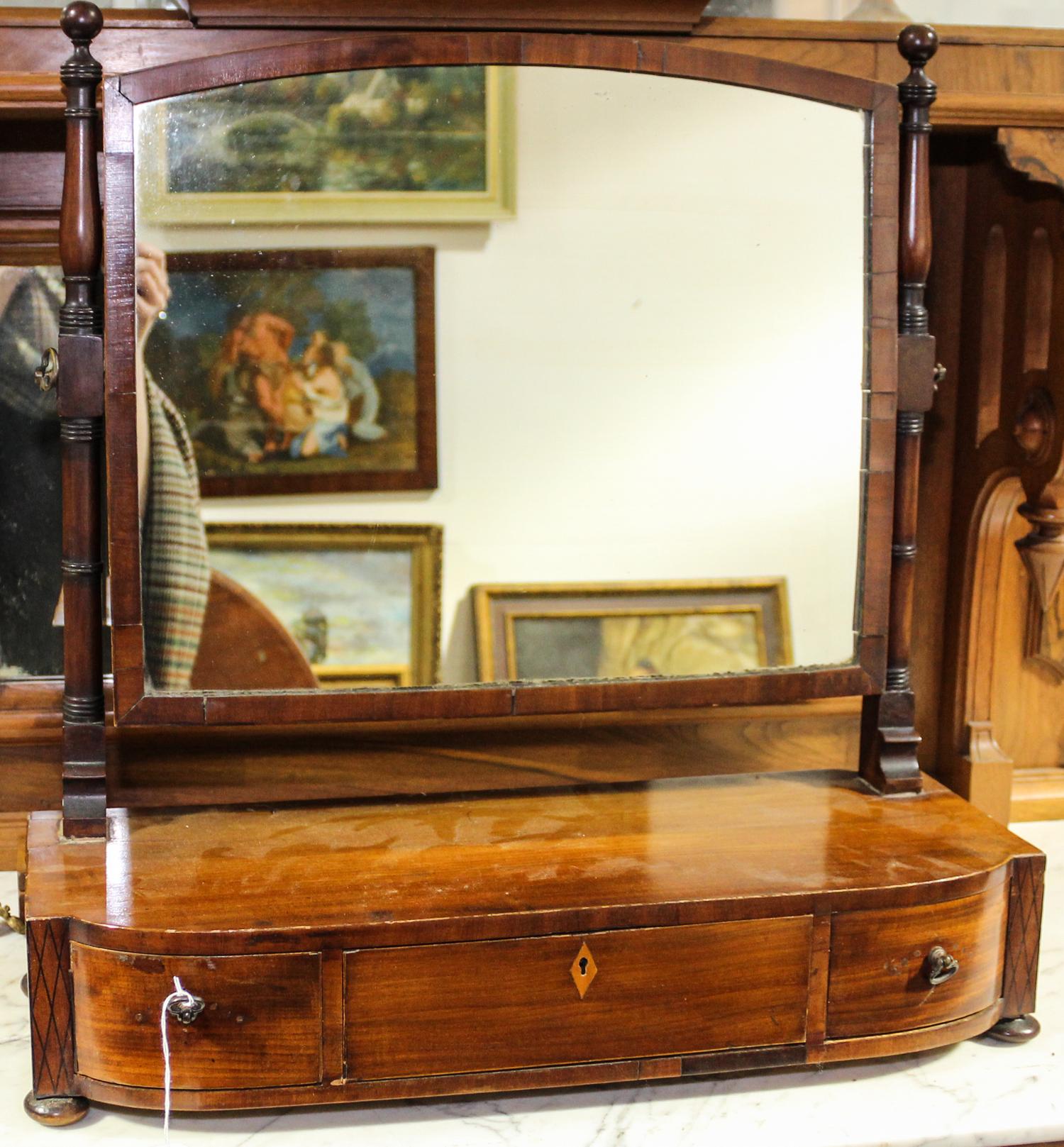 A Late George III Mahogany Dressing Mirror. Height 24 x width 23 x depth 9 inches.