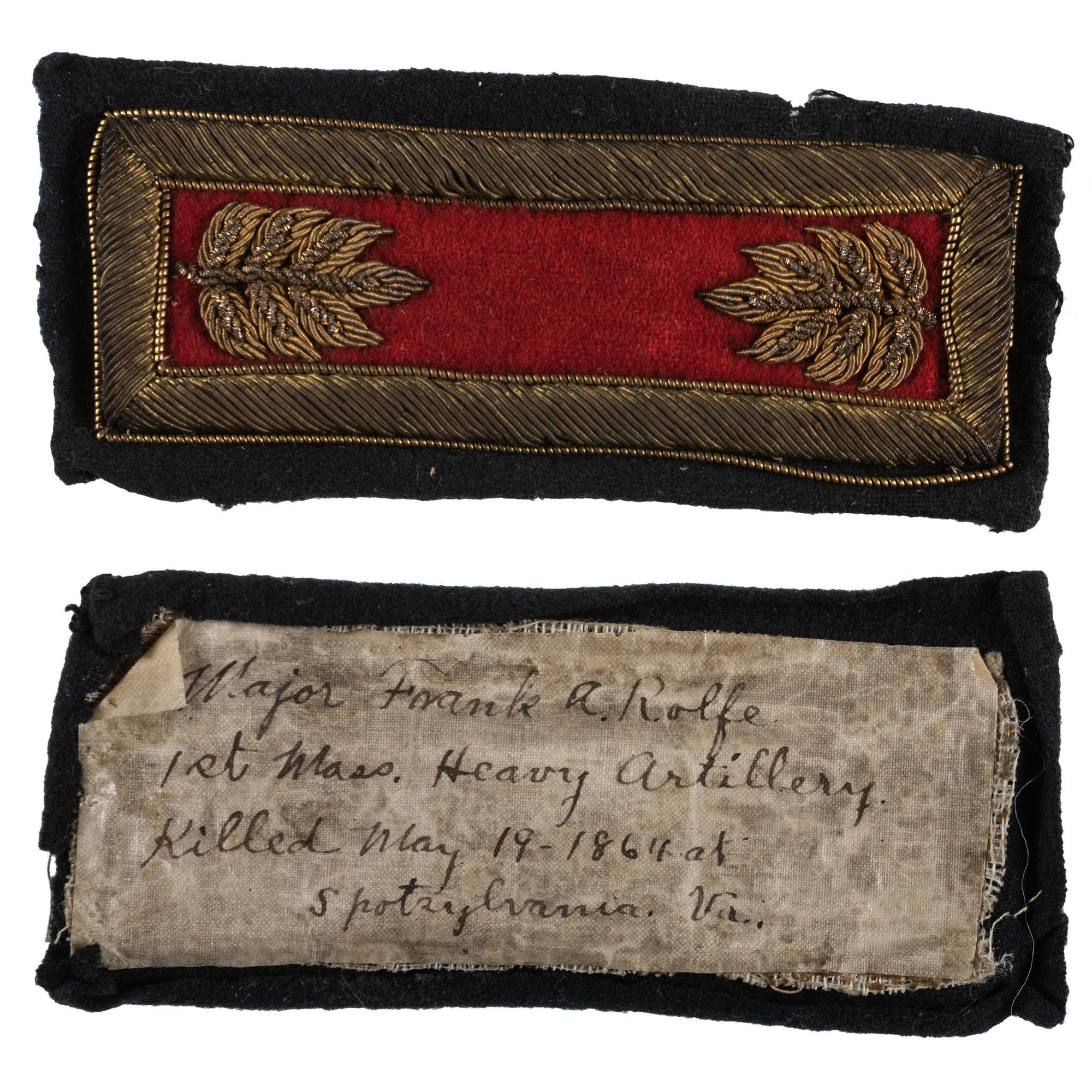 Major Frank Rolfe, 1st Massachusetts Heavy Artillery, KIA Battle of Harris Farm. Shoulder straps and ephemera.