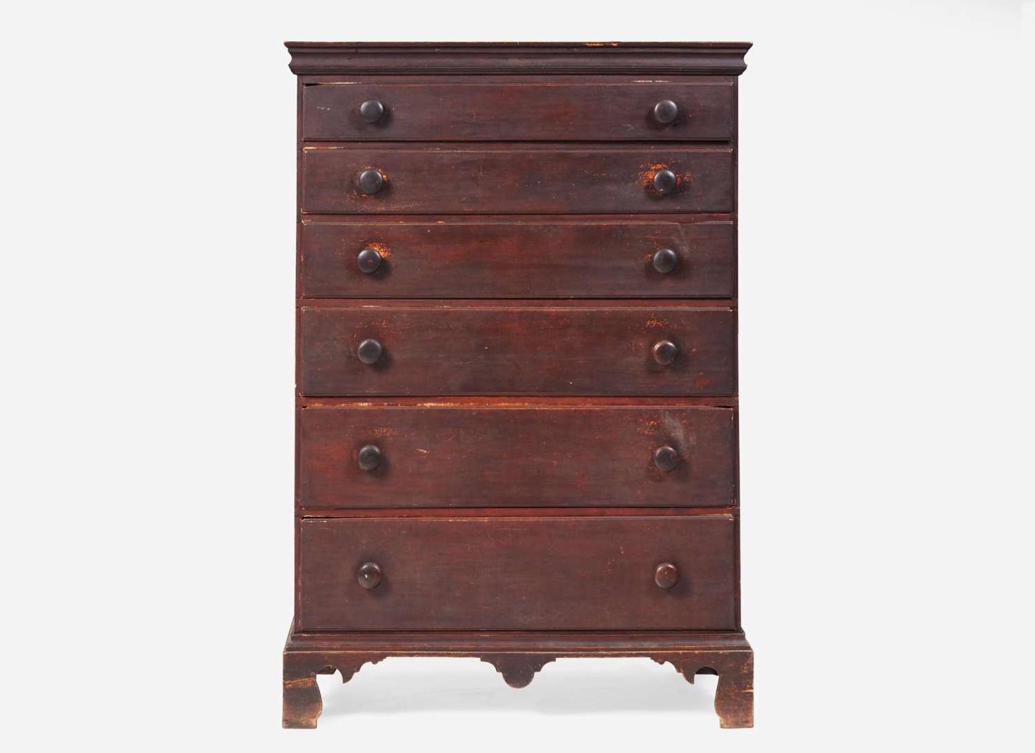 A red-painted pine tall chest, New England, circa 1800