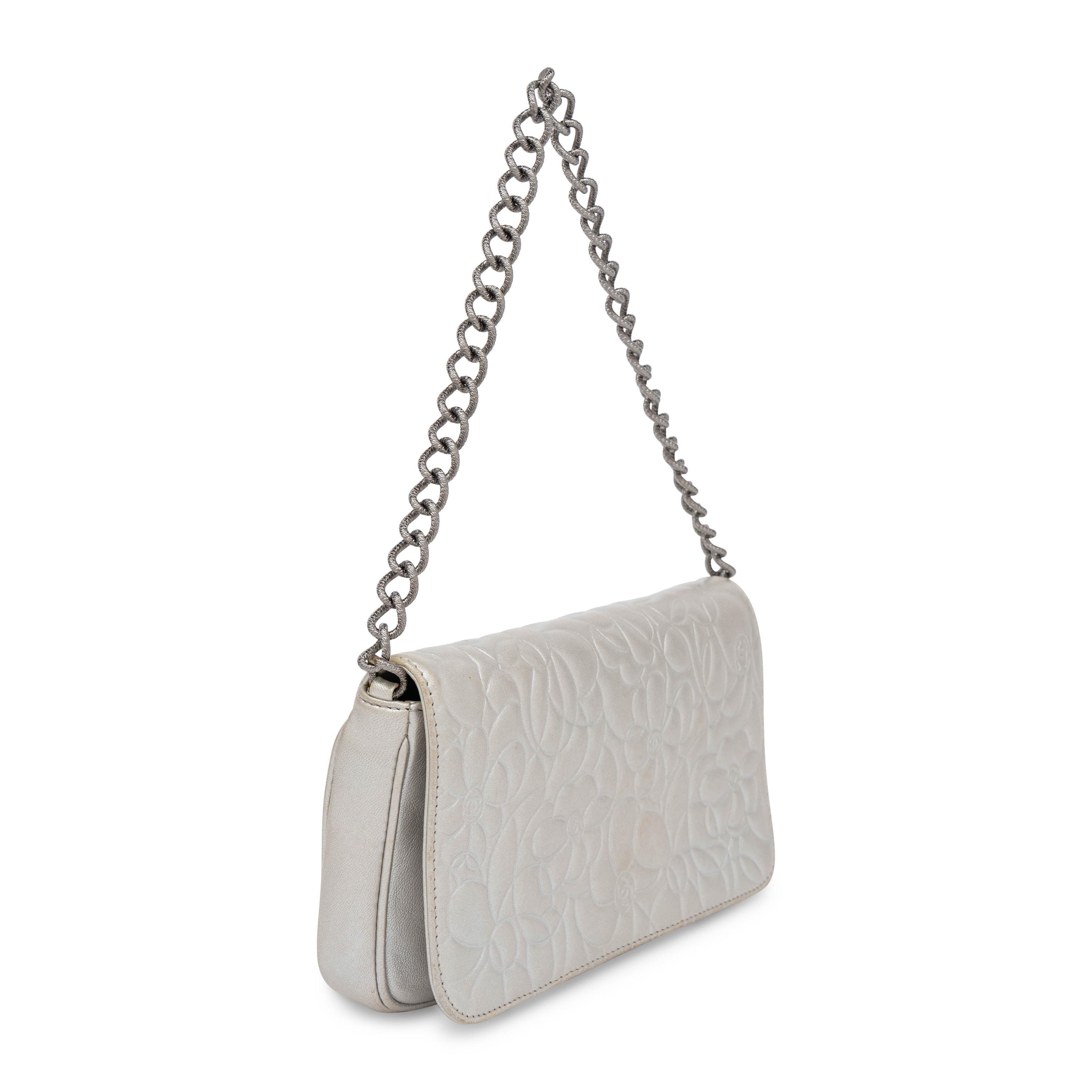 Chanel, Flap Bag in Camellia-Embossed Silver Leather