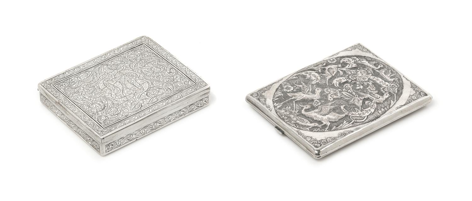 Two Middle Eastern Silver Cigarette Cases, , comprising an Iranian example and an Egyptian example, each case worked to show fauna and