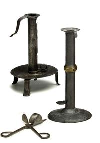 Two iron candlesticks and snuffer 18th/19th century