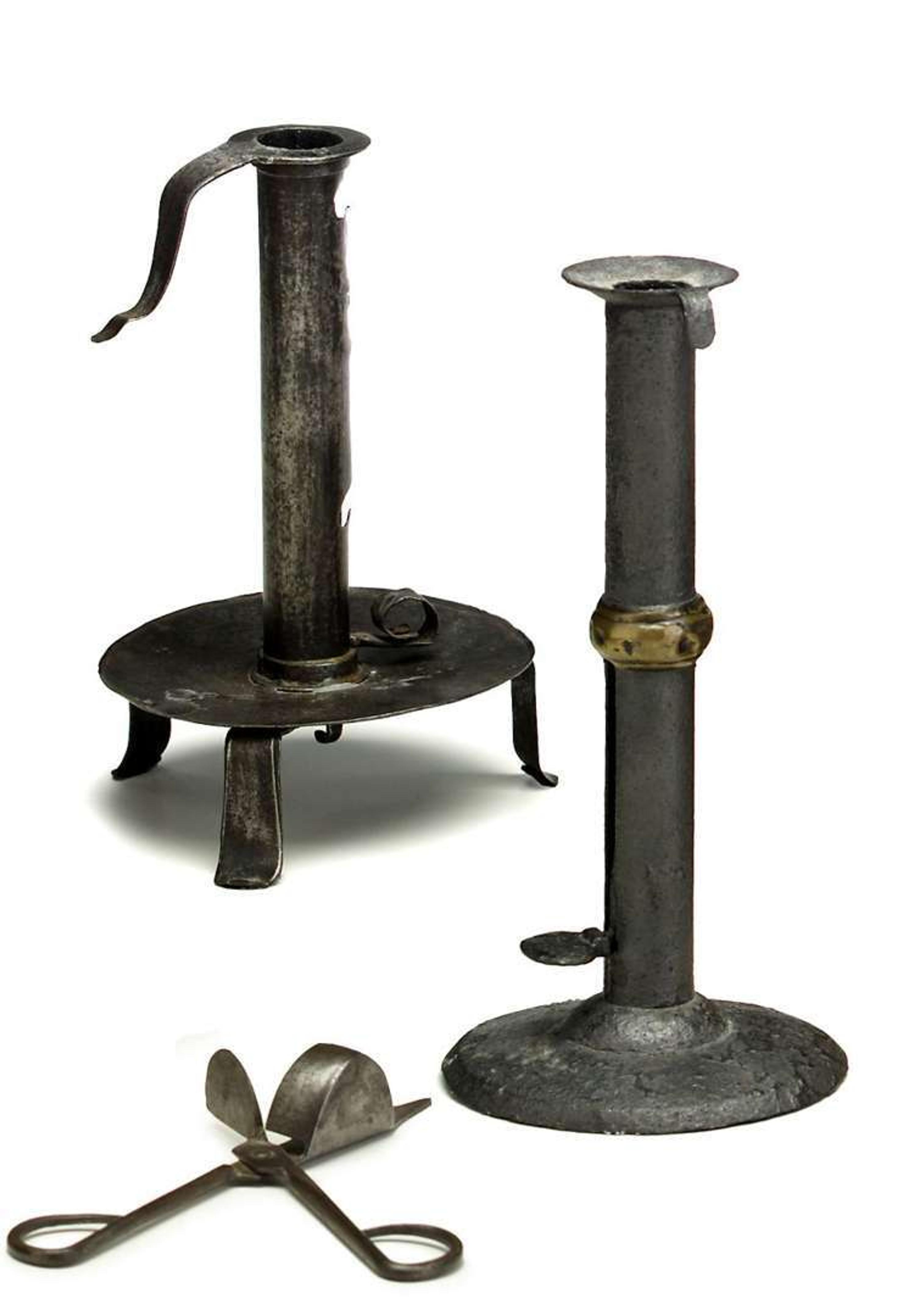 Two iron candlesticks and snuffer 18th/19th century