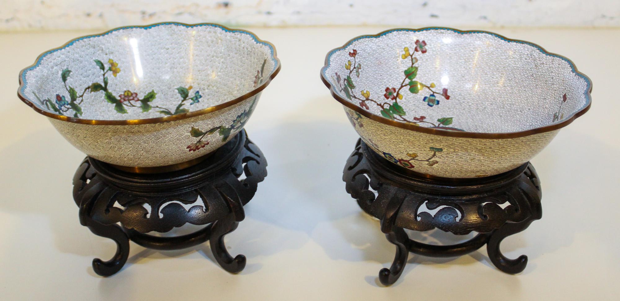A Pair of Chinese Cloisonne Enamel Bowls. Diameter 8 inches.