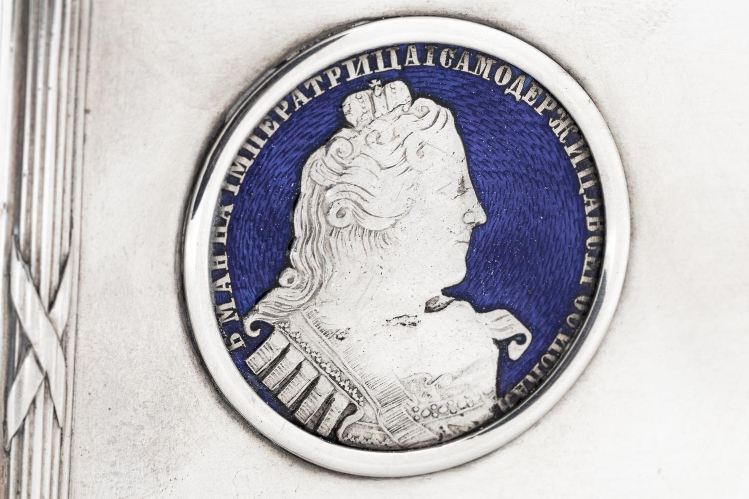 A Russian Silver and Enameled Coin-Inset Table-Top Cigarette Box