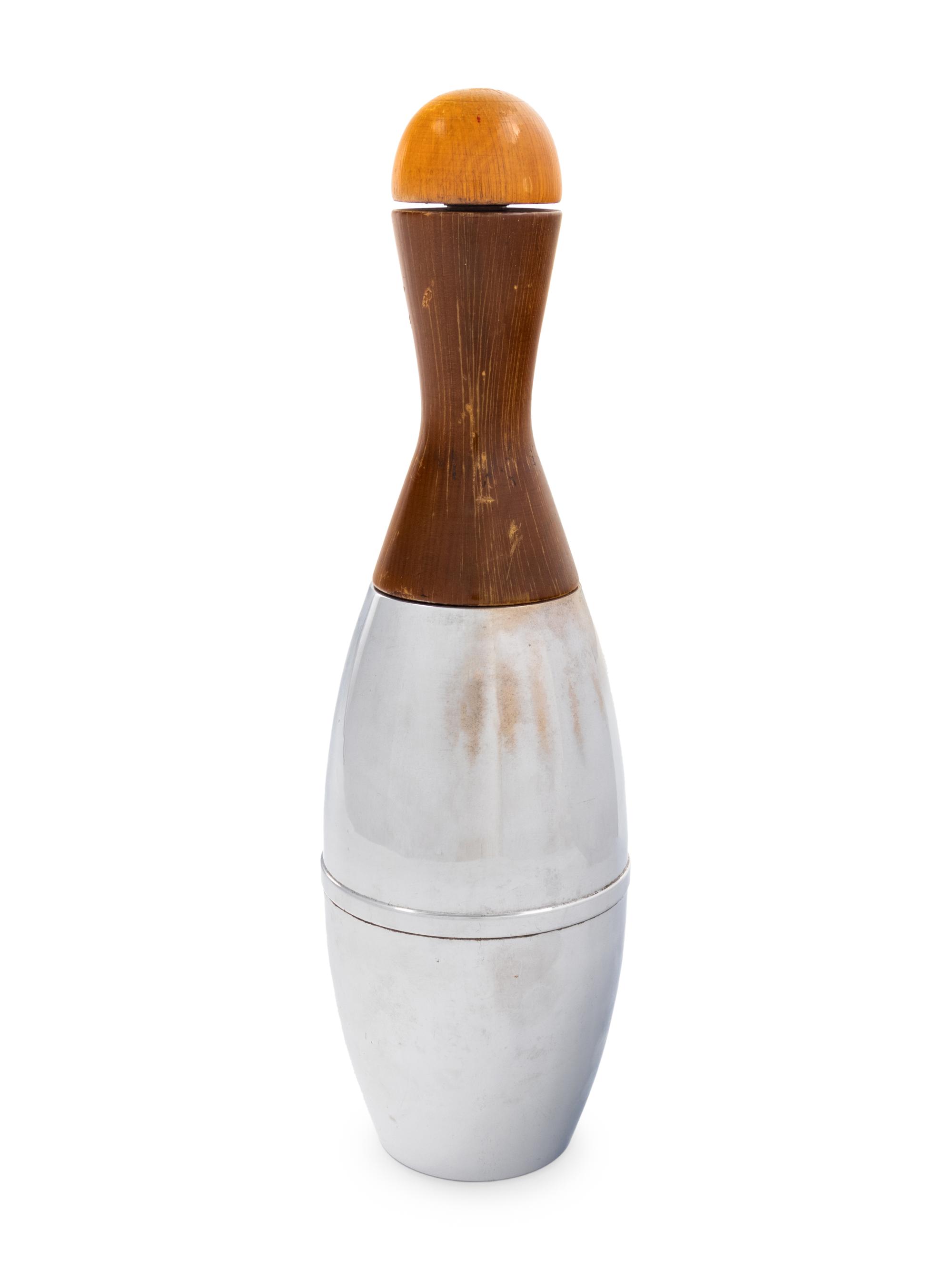 A Wood and Chromed Metal 'Bowling Pin' Cocktail Shaker