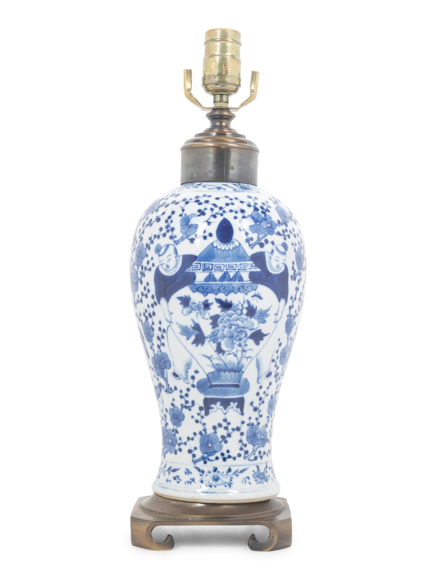 A Blue and White Porcelain Meiping Vase Mounted as a Lamp