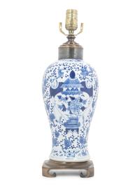 A Blue and White Porcelain Meiping Vase Mounted as a Lamp