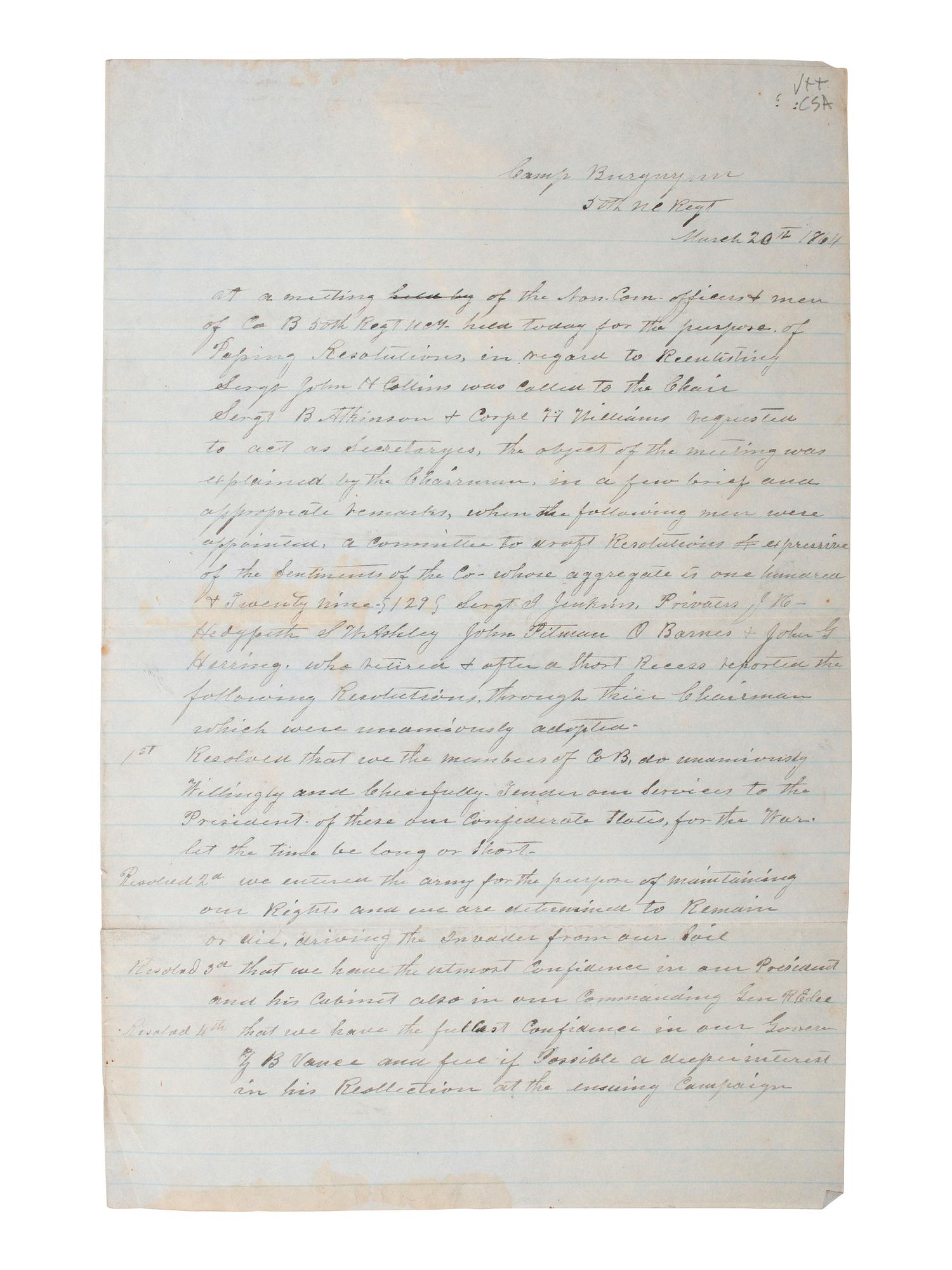 [CIVIL WAR]. Manuscript copy of resolutions from the 50th North Carolina Regiment, 20 March 1864.