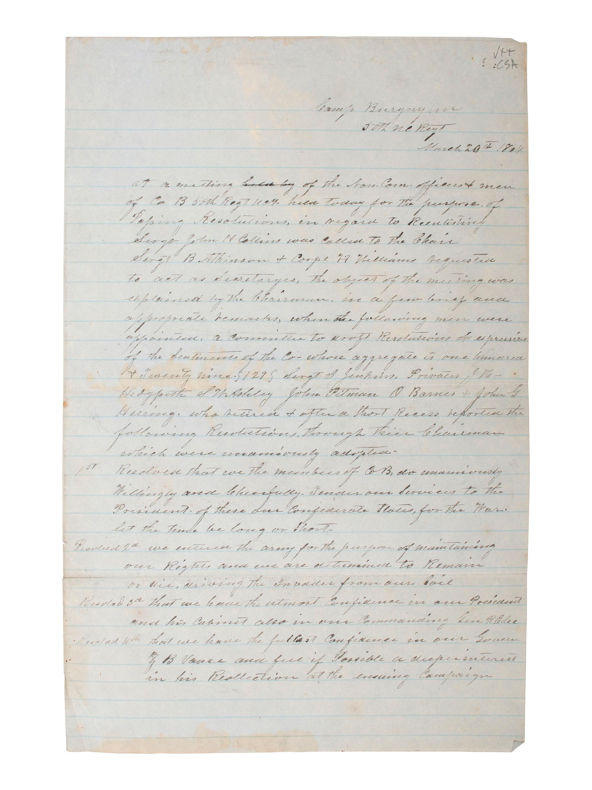 [CIVIL WAR]. Manuscript copy of resolutions from the 50th North Carolina Regiment, 20 March 1864.