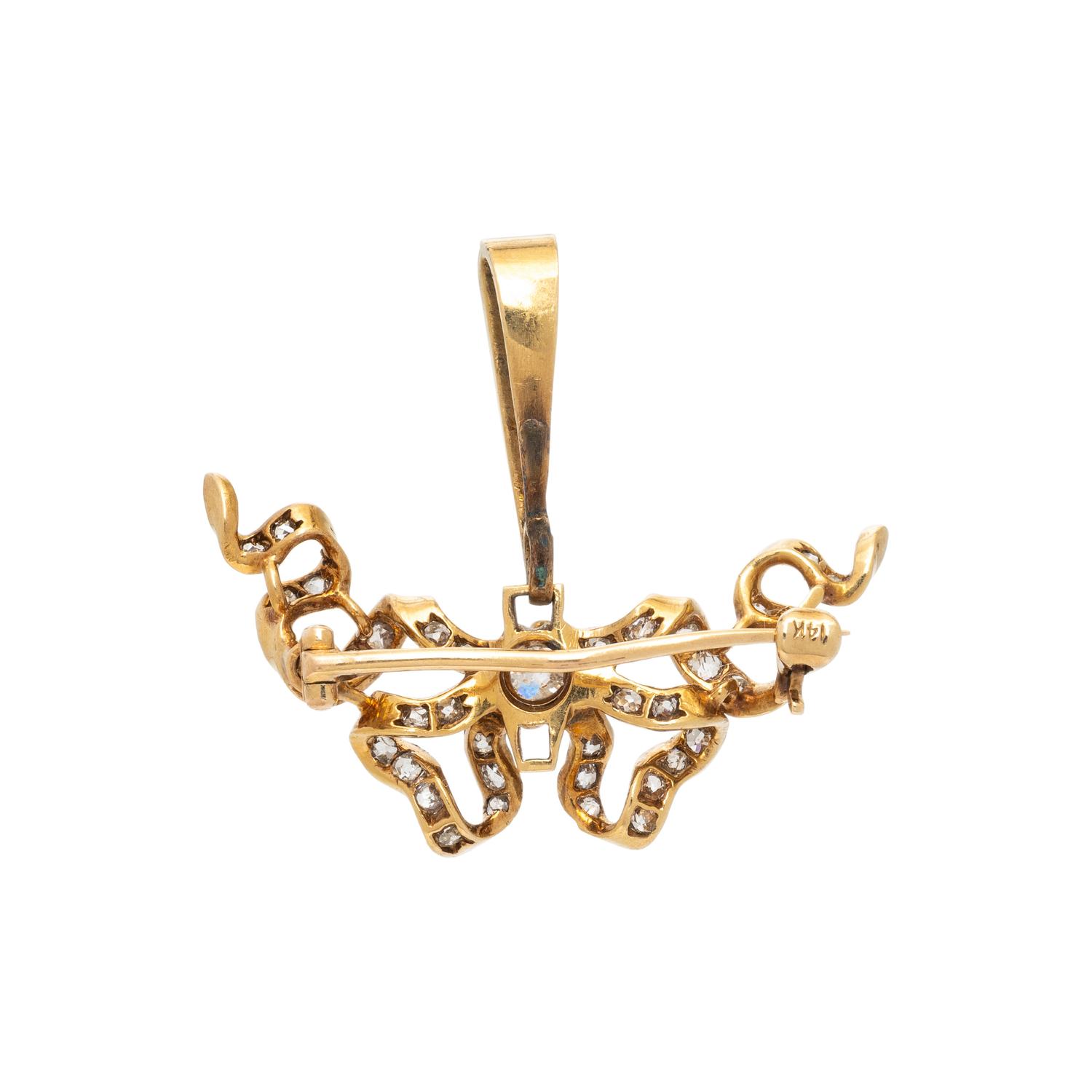 DIAMOND AND YELLOW GOLD BOW BROOCH/PENDANT
