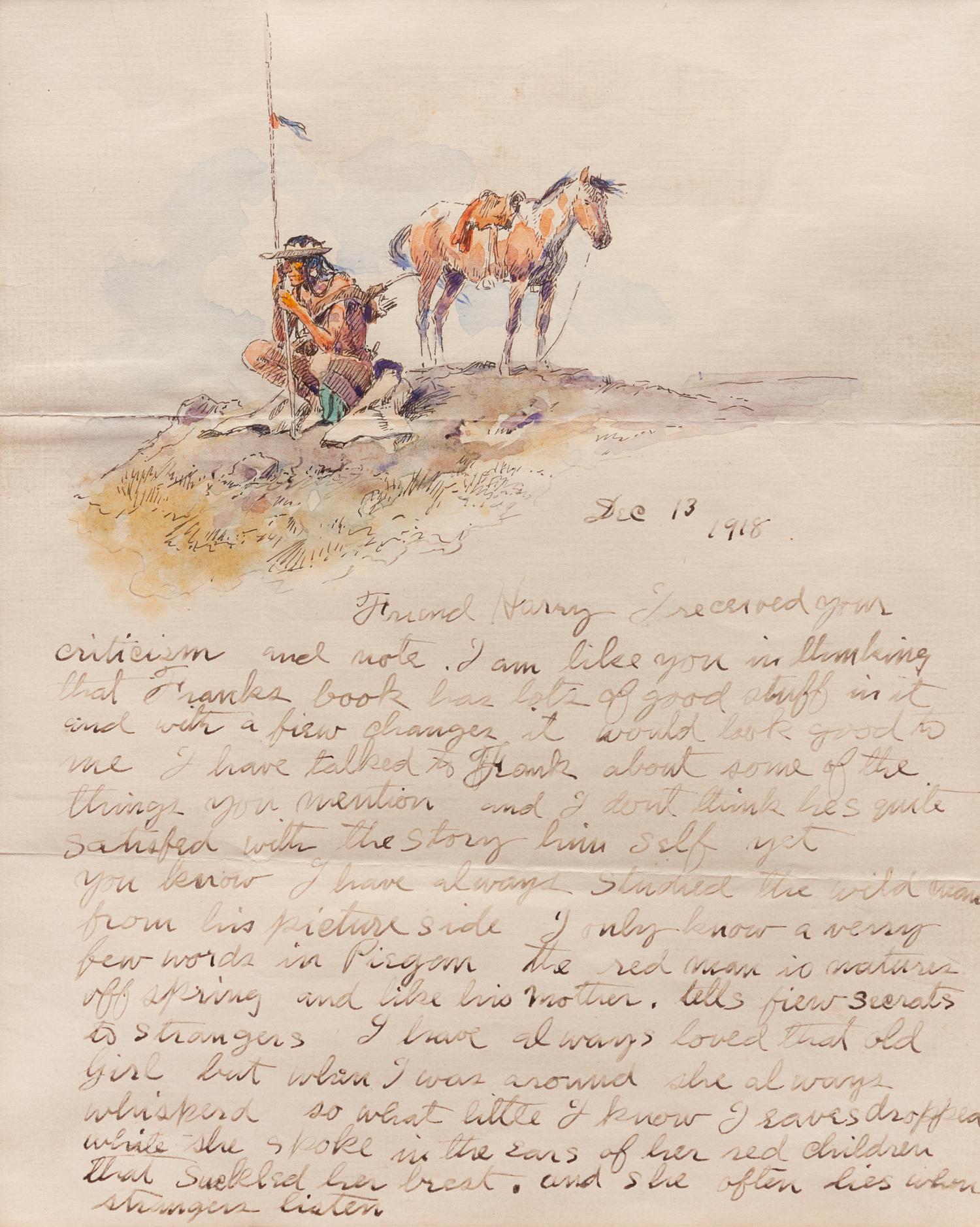 Indian Scout and Horse, Illustrated Letter
