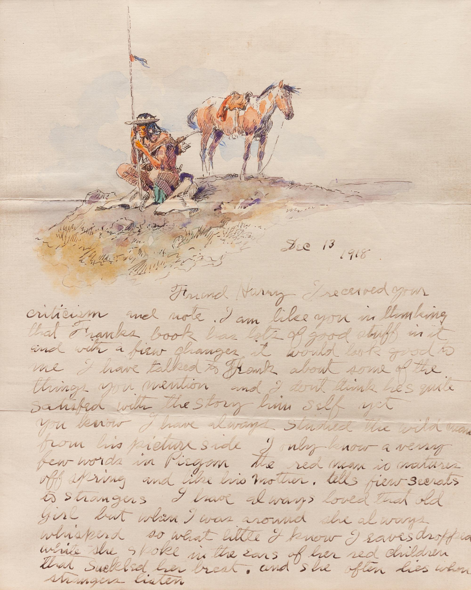 Indian Scout and Horse, Illustrated Letter