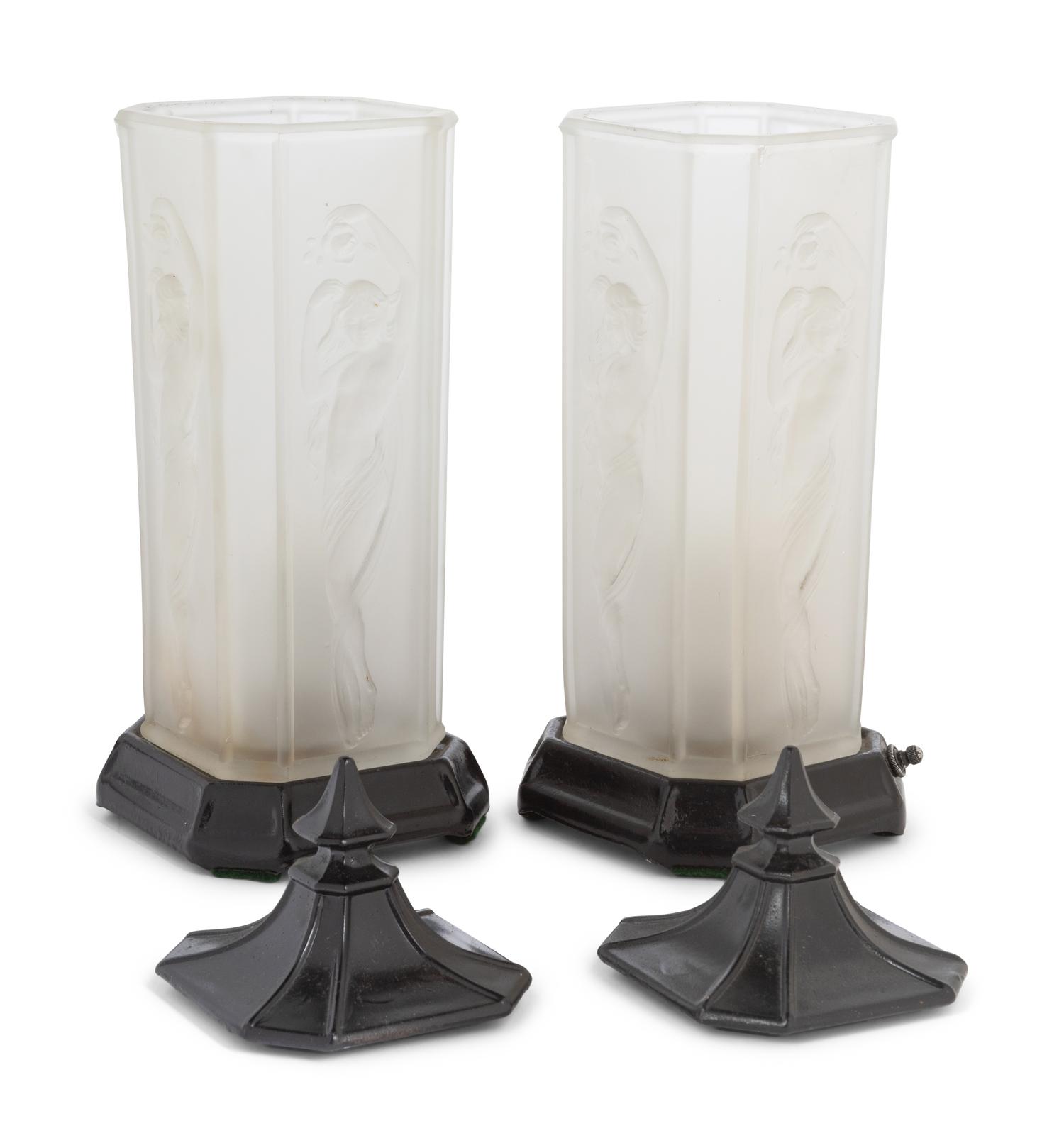 A Pair of Frosted Glass and Painted Metal Lamps