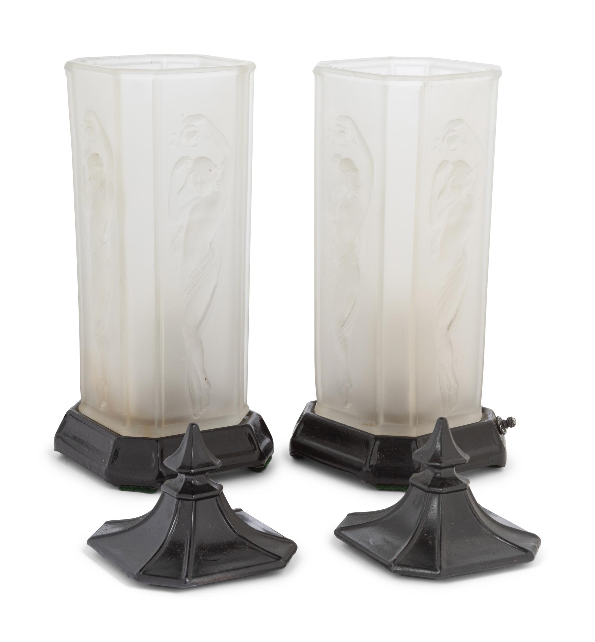 A Pair of Frosted Glass and Painted Metal Lamps