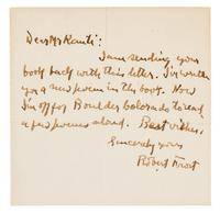 FROST, Robert (1874-1963). Autograph letter signed ("Robert Frost"), to Mr. Kanti. n.p., n.d.
