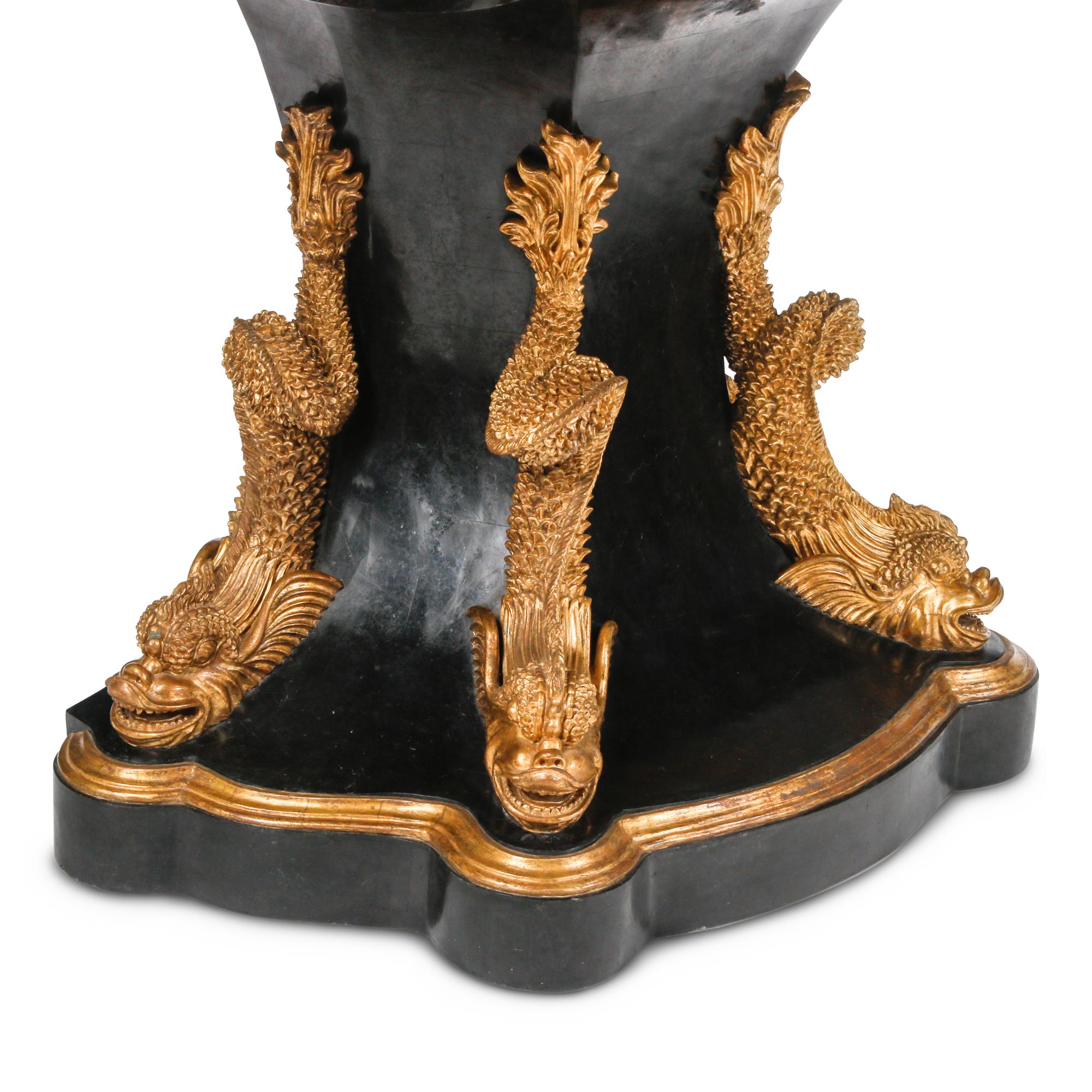 A Pair of Neoclassical Style Specimen Marble, Ebonized and Parcel Gilt Console Tables
