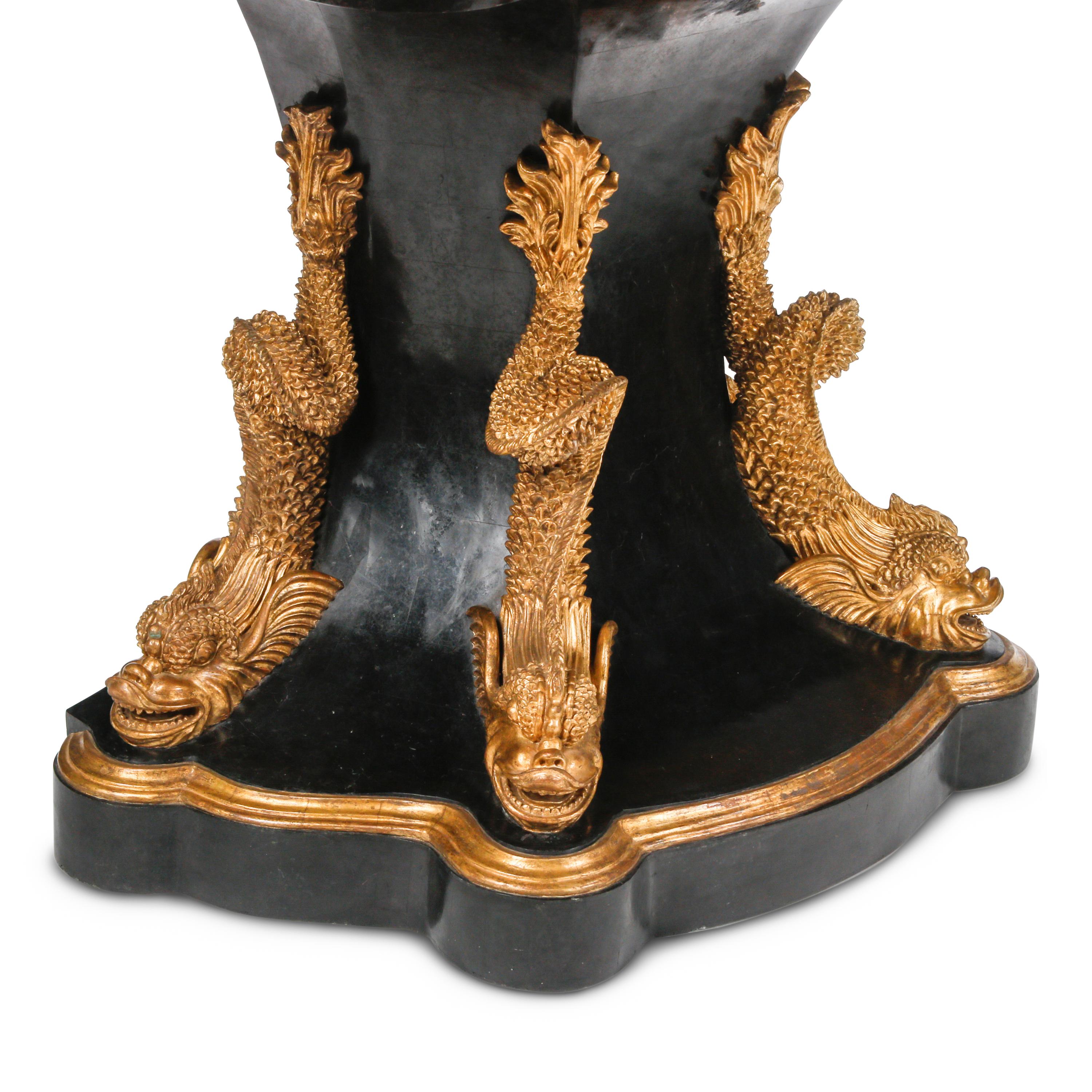 A Pair of Neoclassical Style Specimen Marble, Ebonized and Parcel Gilt Console Tables