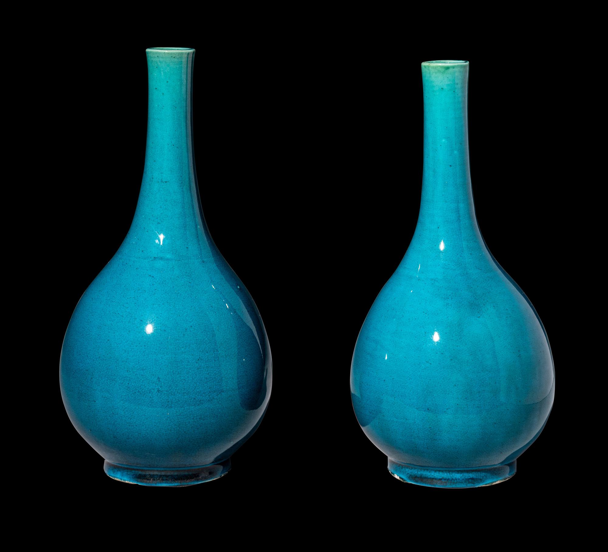 A Pair of Chinese Turquoise Glazed Porcelain Bottle Vases