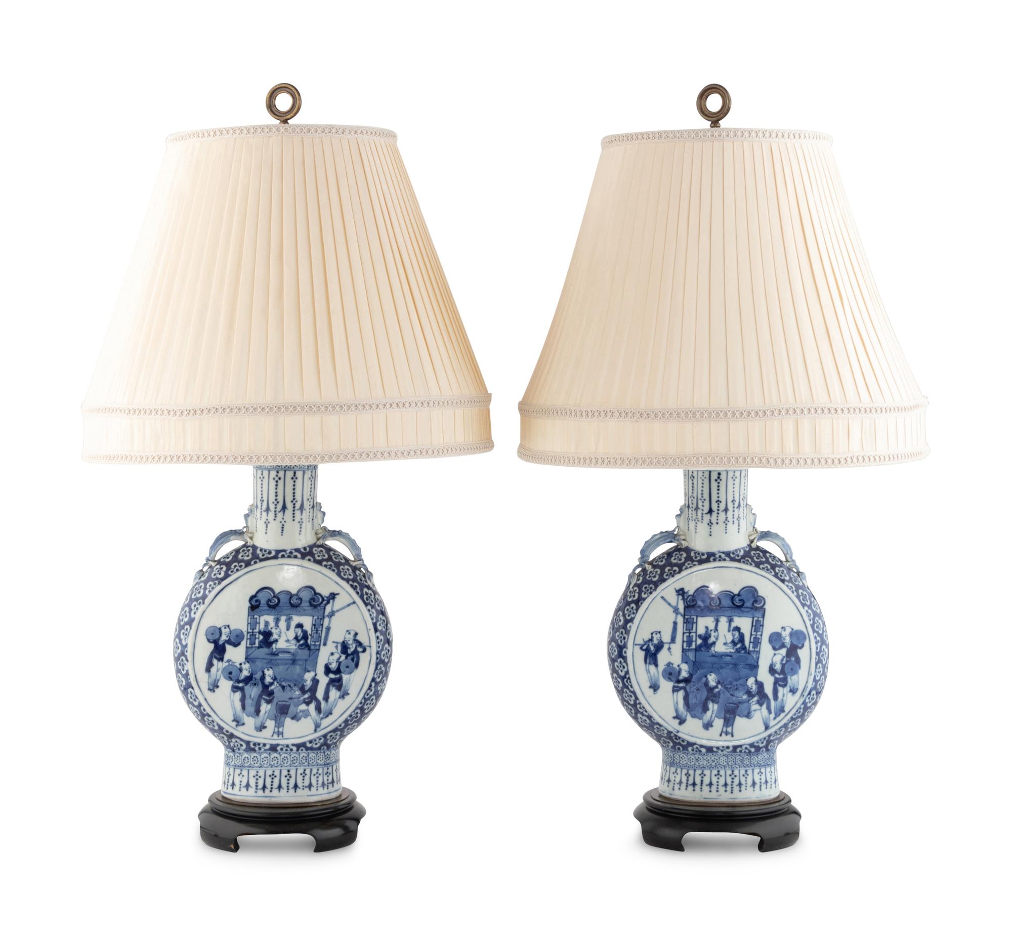 A Pair of Chinese Export Porcelain Moon Flasks Mounted as Lamps
