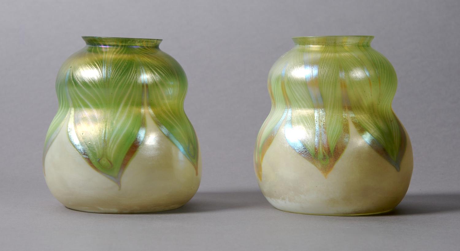 A Pair of Tiffany Favrile Glass Shades, Height 4 1/4 inches.