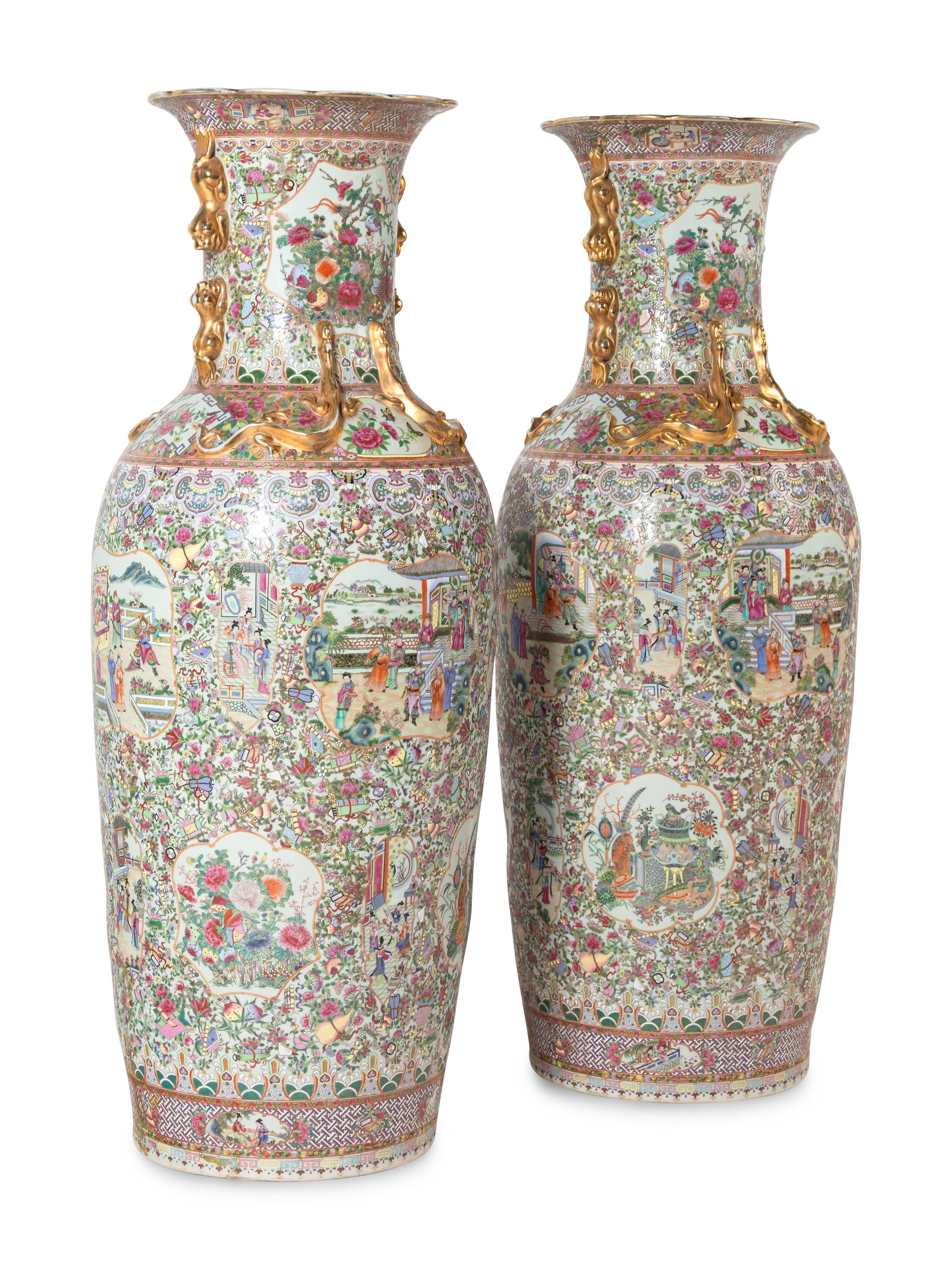 A Pair of Large Rose Medallion Porcelain Floor Vases