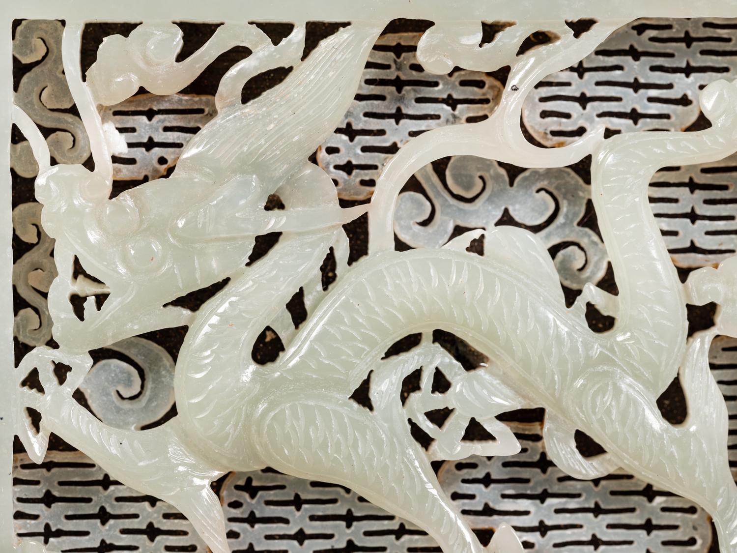 A Chinese Pale Celadon Jade Inset Hardwood Ink Bed