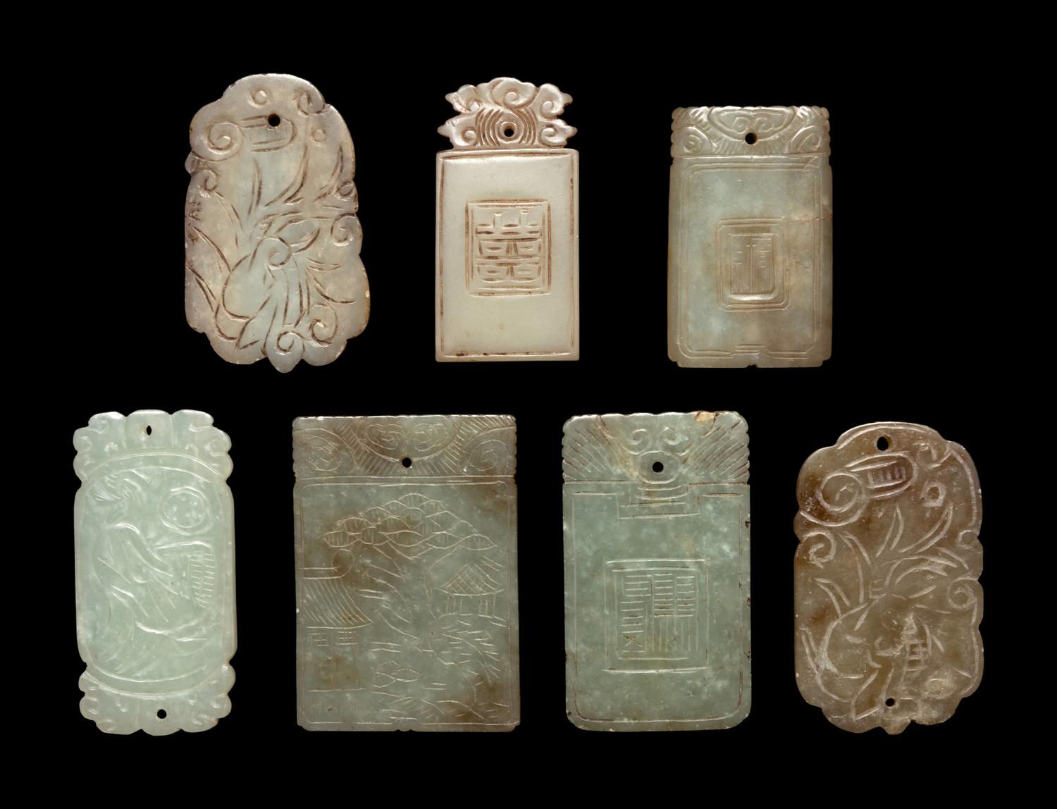 Seven Chinese Celadon Jade Carved Plaques