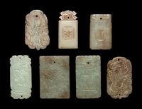 Seven Chinese Celadon Jade Carved Plaques
