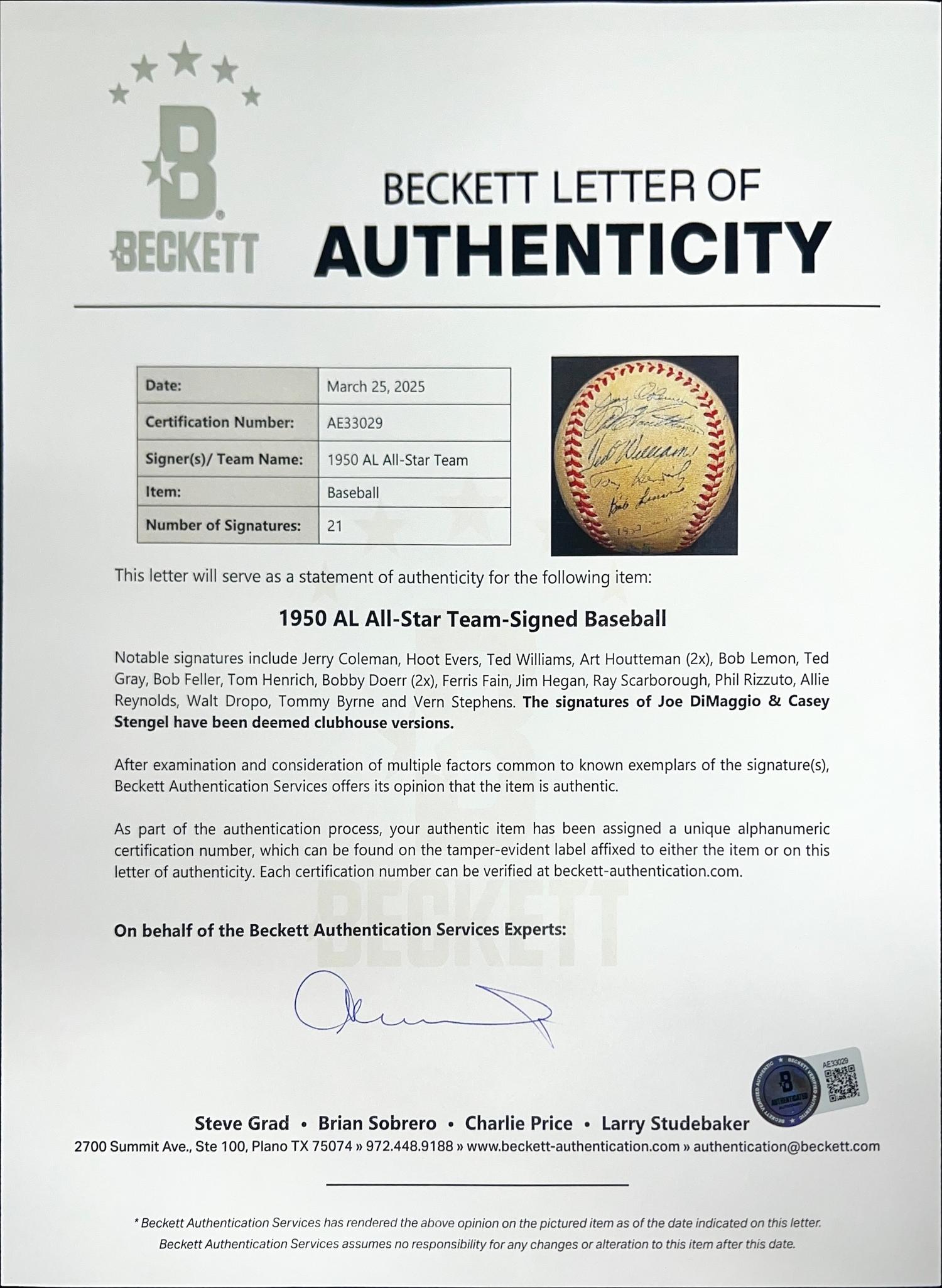 A 1950 American League All Stars Signed Autograph Baseball Including Ted Williams (Beckett Authentication Services)