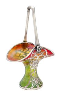 An Iridescent Glass Silver Overlay Basket, manner of Loetz Height 10 inches.
