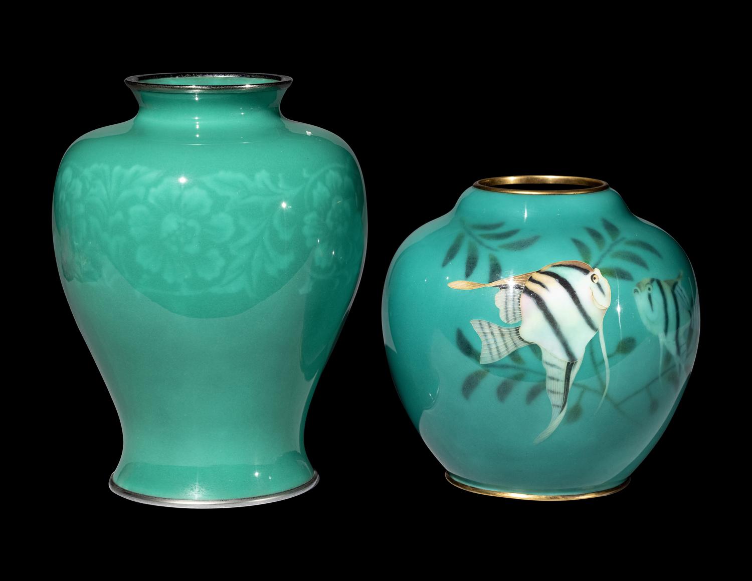 Two Japanese Green Ground Cloisonné Enamel Jars