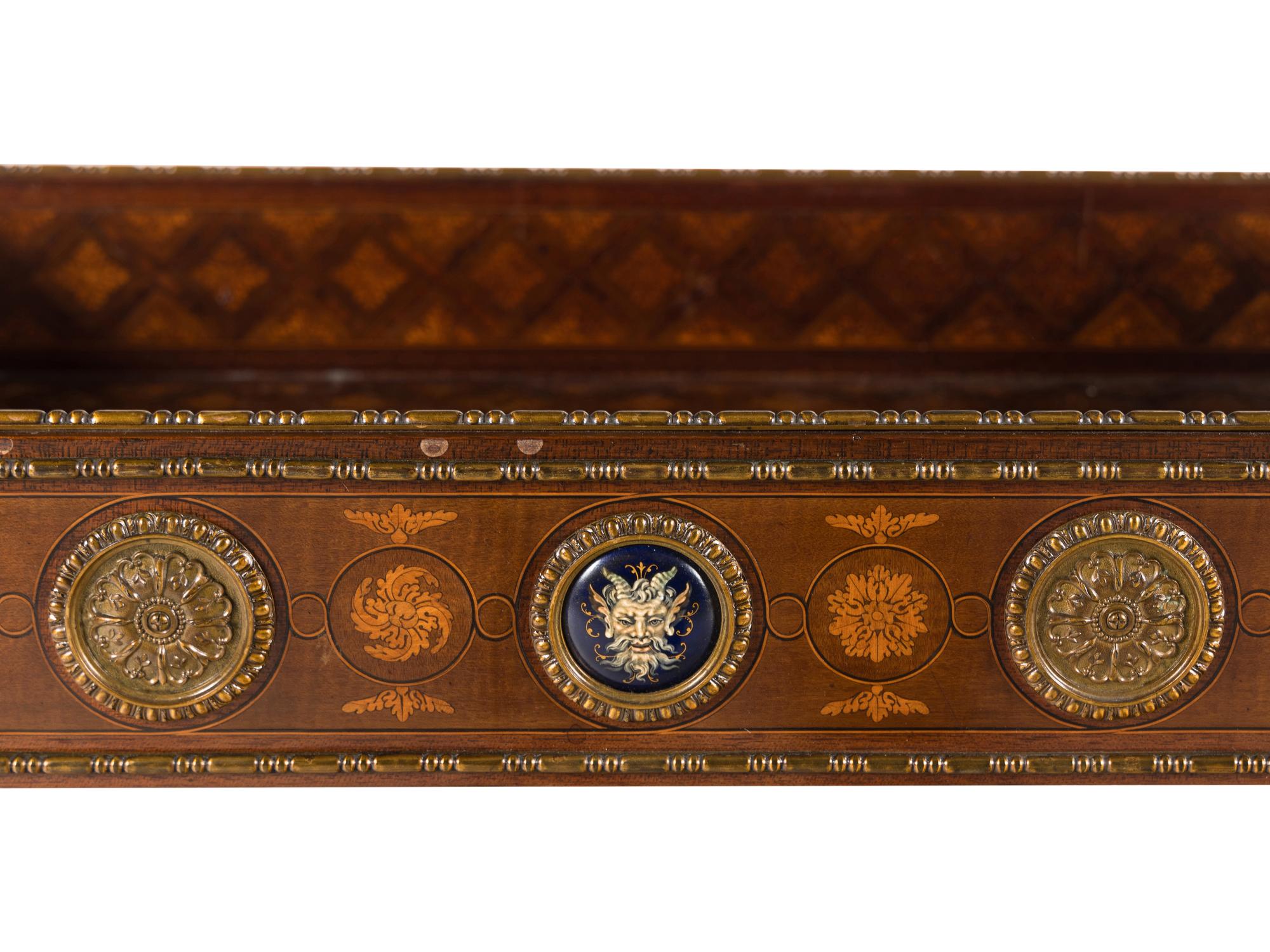 A French Gilt Bronze and Enamel Mounted Parquetry Tricoteuse
