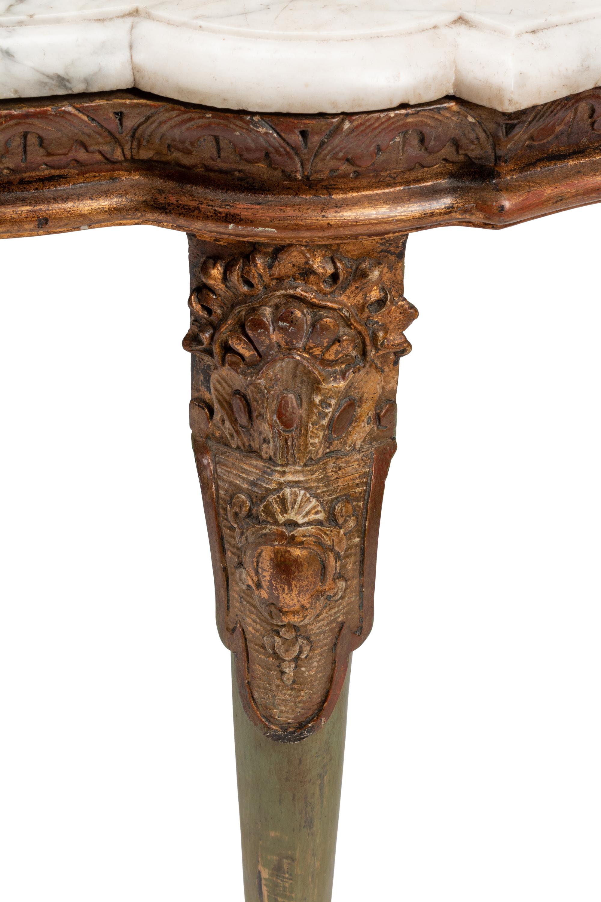 A Pair of Italian Green Painted and Parcel Gilt Marble-Top Console Tables