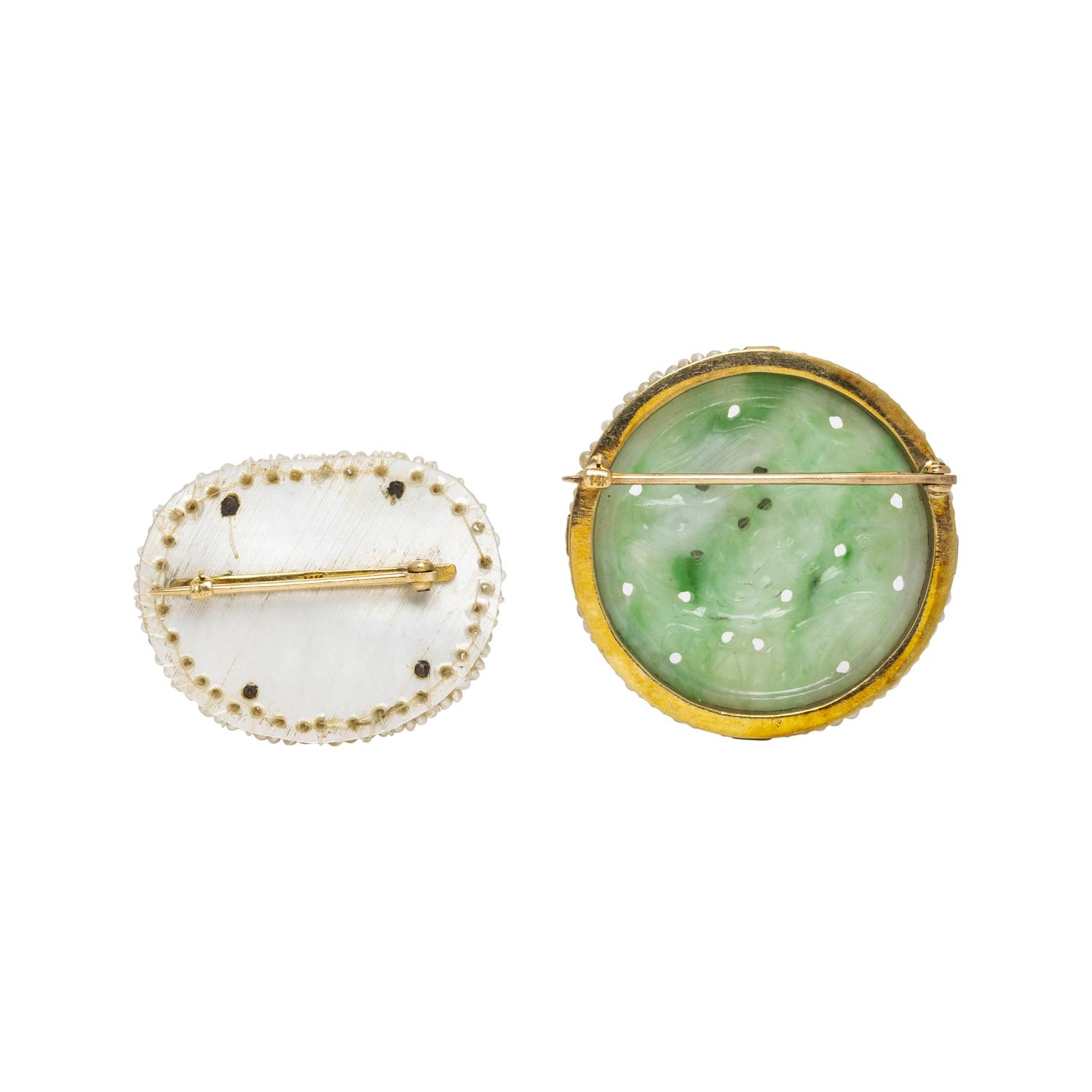 YELLOW GOLD, JADE AND SEED PEARL BROOCHES