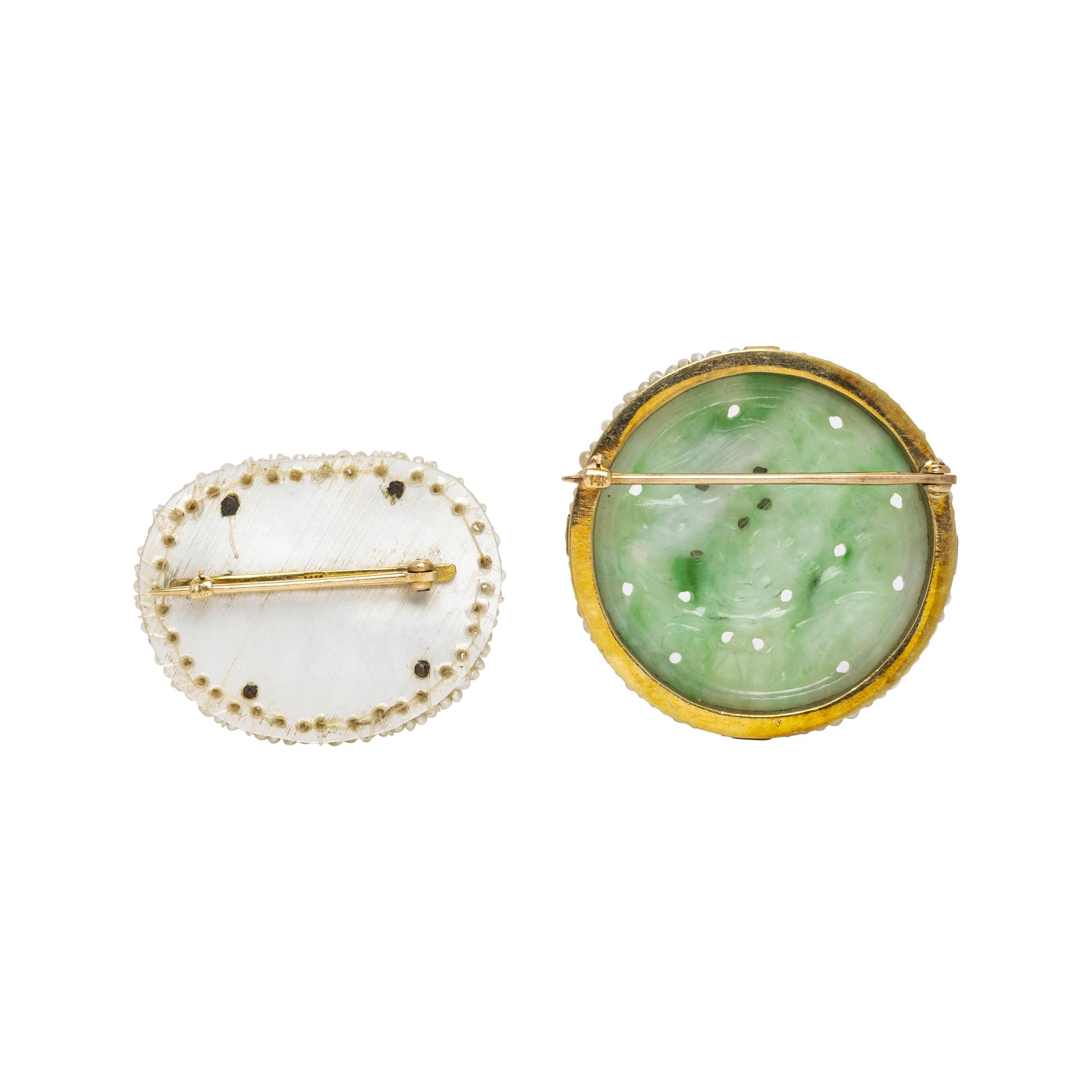 YELLOW GOLD, JADE AND SEED PEARL BROOCHES