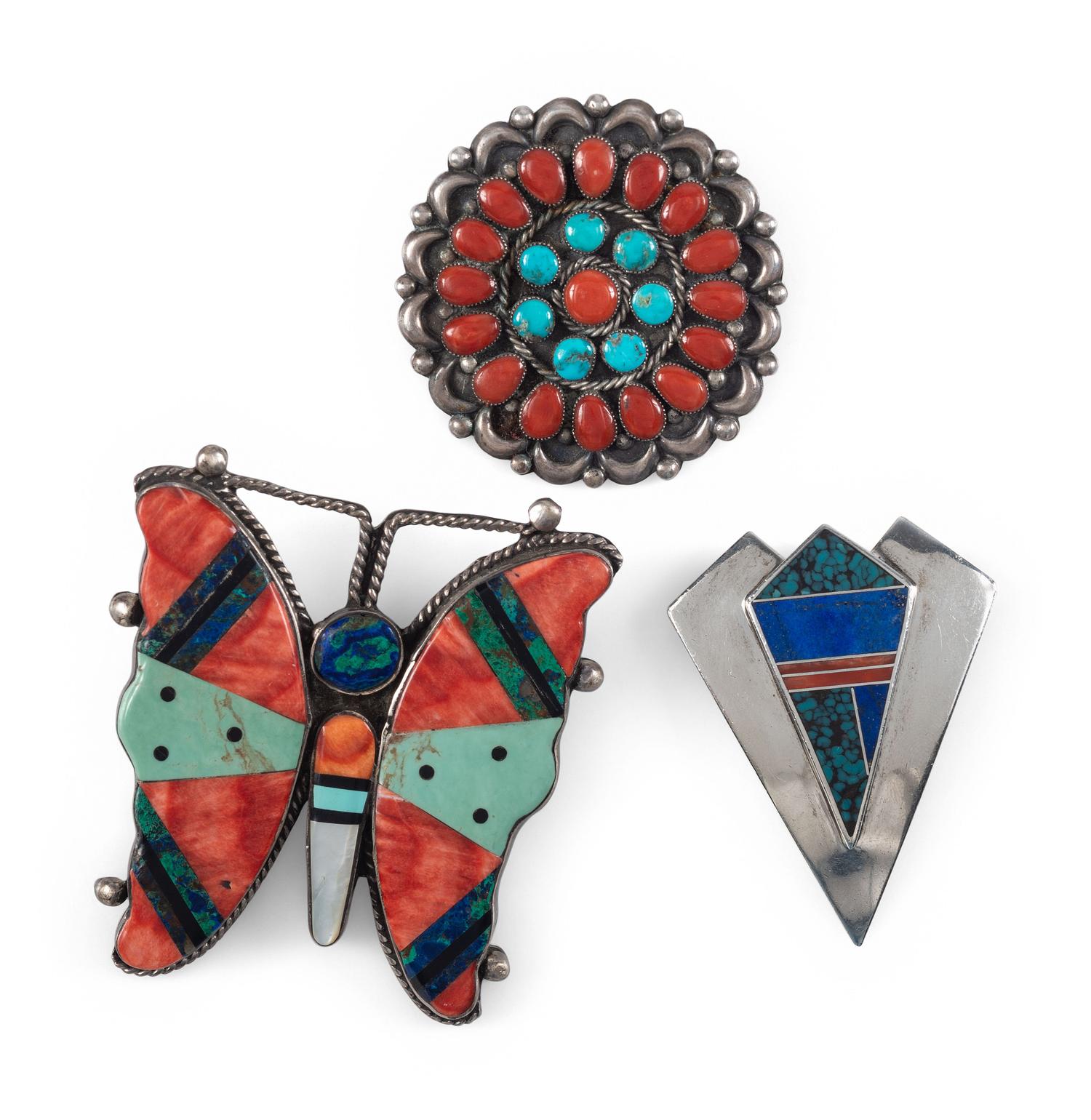 Zuni and Chiricahua Apache Silver Pins / Brooches, with Inlay