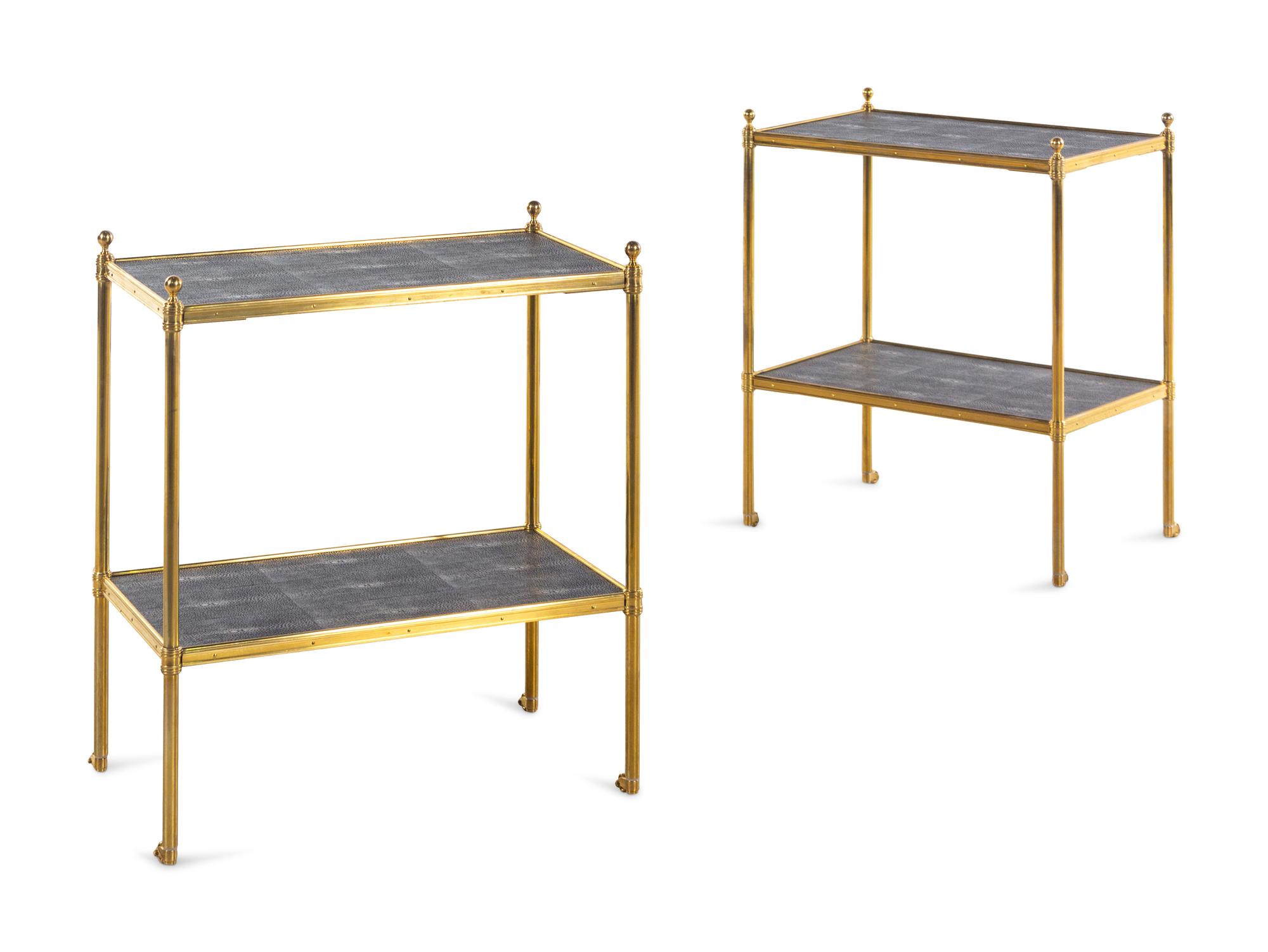 A Pair of Brass and Faux Shagreen Two-Tier Side Tables