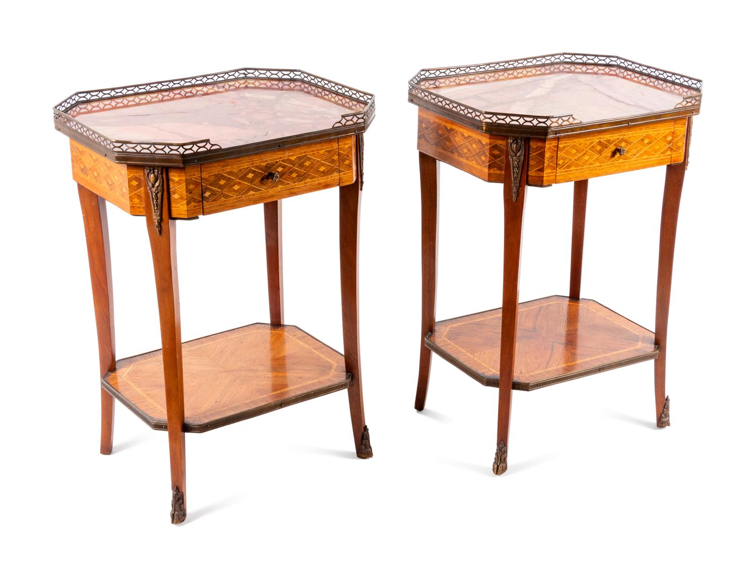 A Pair of Louis XV/XVI Transitional Style Parquetry Marble-Top Side Tables