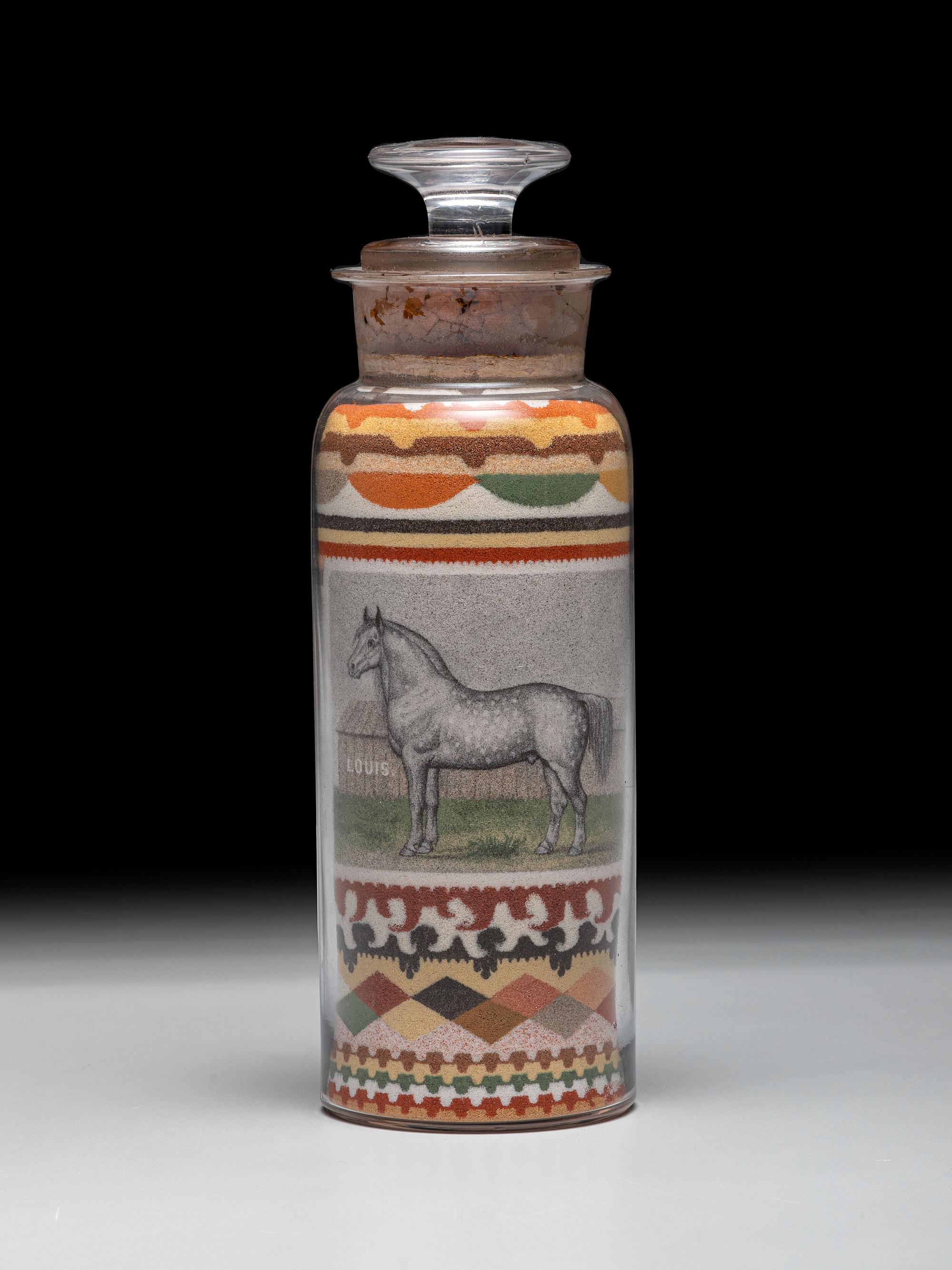 An Andrew Clemens (American, 1857-1894) Labeled Sand Bottle with Percheron Horse
