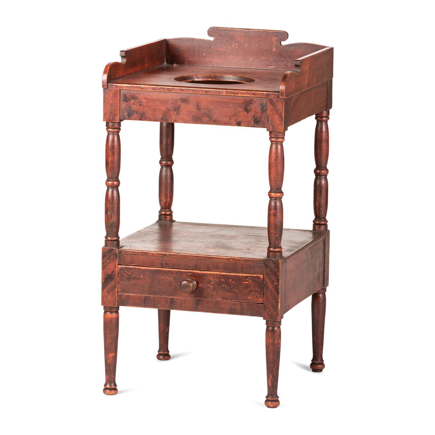 A Painted Wood Wash Stand with a Flint Enamel Water Pitcher and Wash Basin