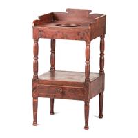 A Painted Wood Wash Stand with a Flint Enamel Water Pitcher and Wash Basin