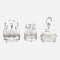 A group of three George III / Victorian sterling silver, silver plate, and glass cruet sets Various makers, late 18th / 19th century