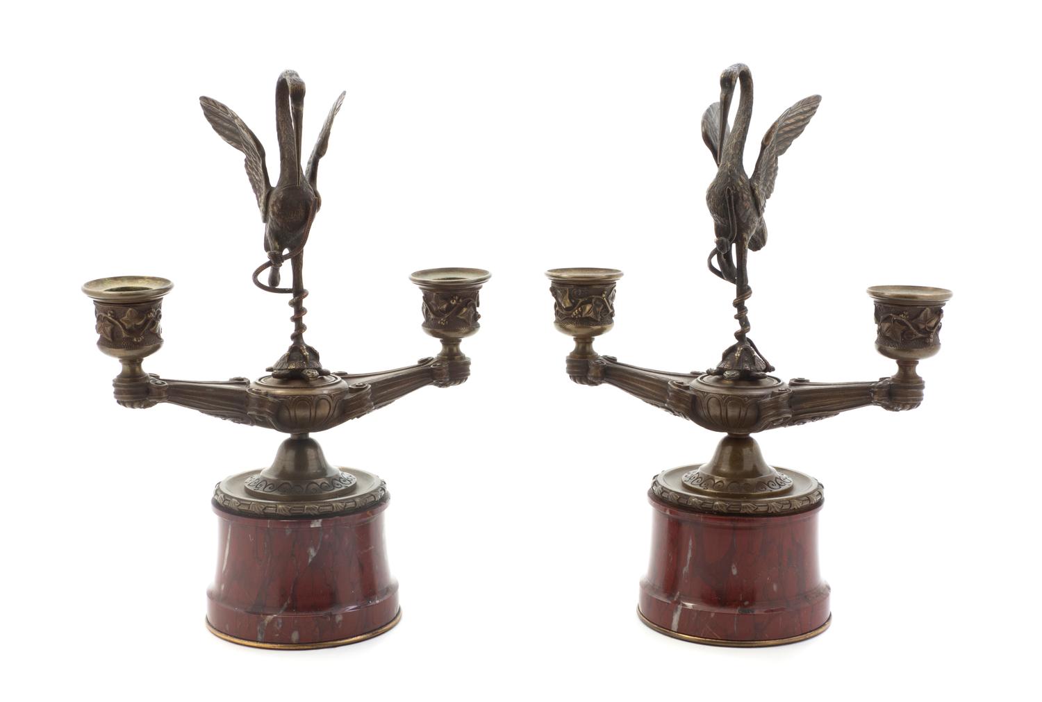 A Pair of Marble and Bronze Two-Light Candelabra, Height 10 1/2 inches.