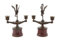 A Pair of Marble and Bronze Two-Light Candelabra, Height 10 1/2 inches.